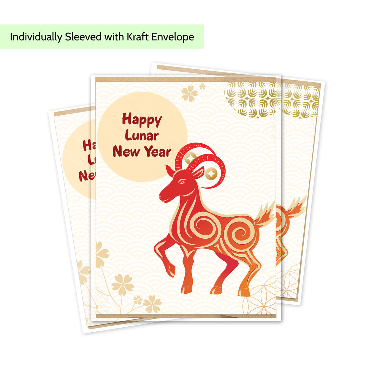Three individually sleeved Lunar New Year greeting cards 2027 fanned out on a white background, with a light green banner at the top reading 'Individually Sleeved with Kraft Envelope.' The cards feature a stylized red and orange ram illustration and the text 'Happy Lunar New Year.