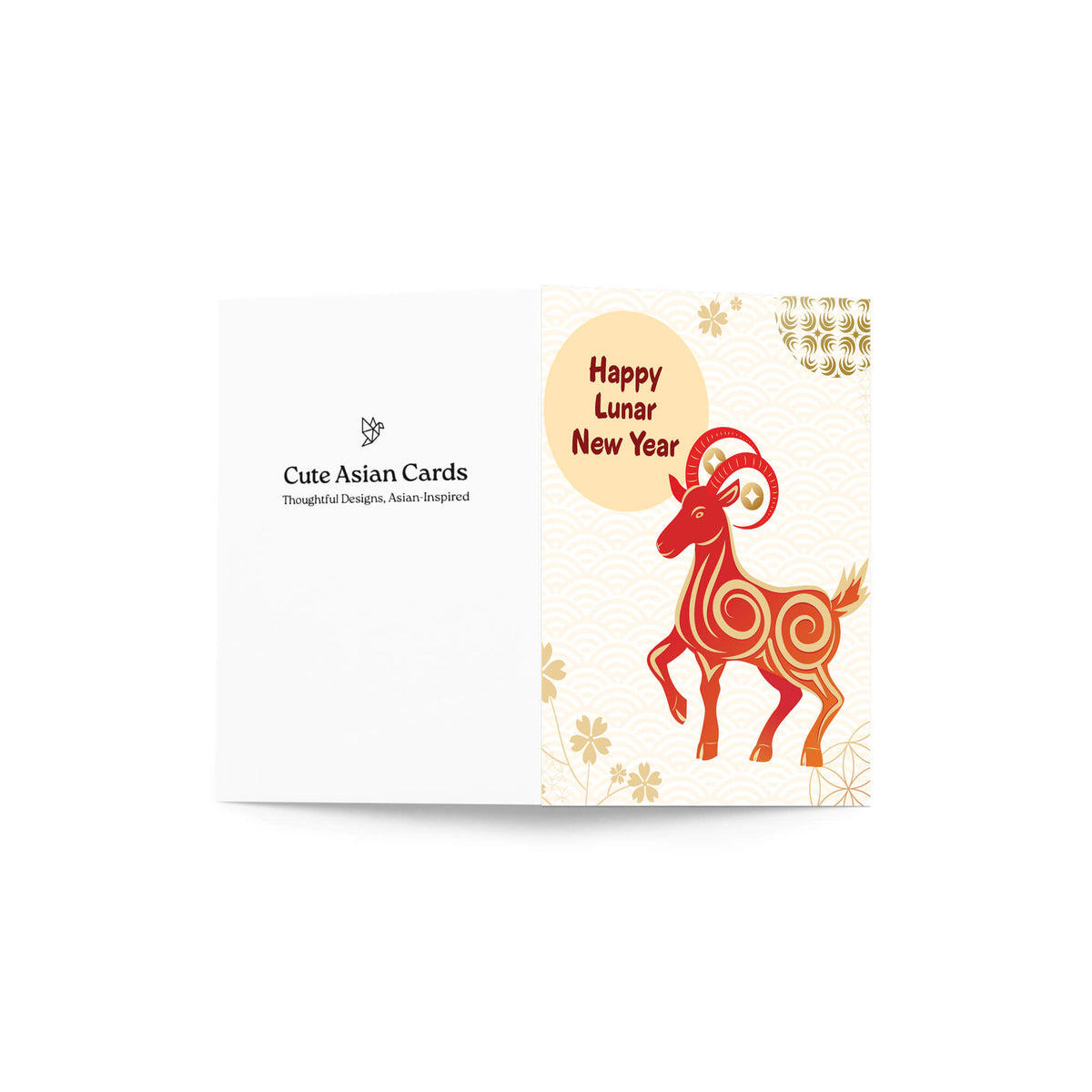 A Chinese new year 2027 card shown against a white background. The right panel features a stylized red and orange ram illustration with decorative gold floral accents and a yellow circle reading 'Happy Lunar New Year.