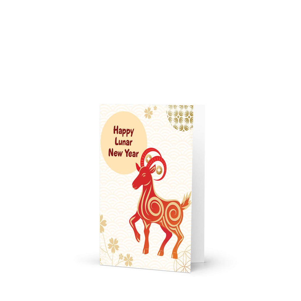A Year of the sheep greeting card featuring a stylized red and orange ram illustration with the text 'Happy Lunar New Year' inside a pale yellow circle, shown on a clean white background.