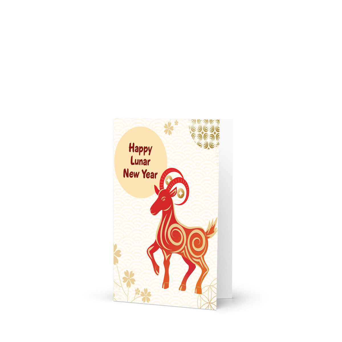 A Year of the sheep greeting card featuring a stylized red and orange ram illustration with the text 'Happy Lunar New Year' inside a pale yellow circle, shown on a clean white background.