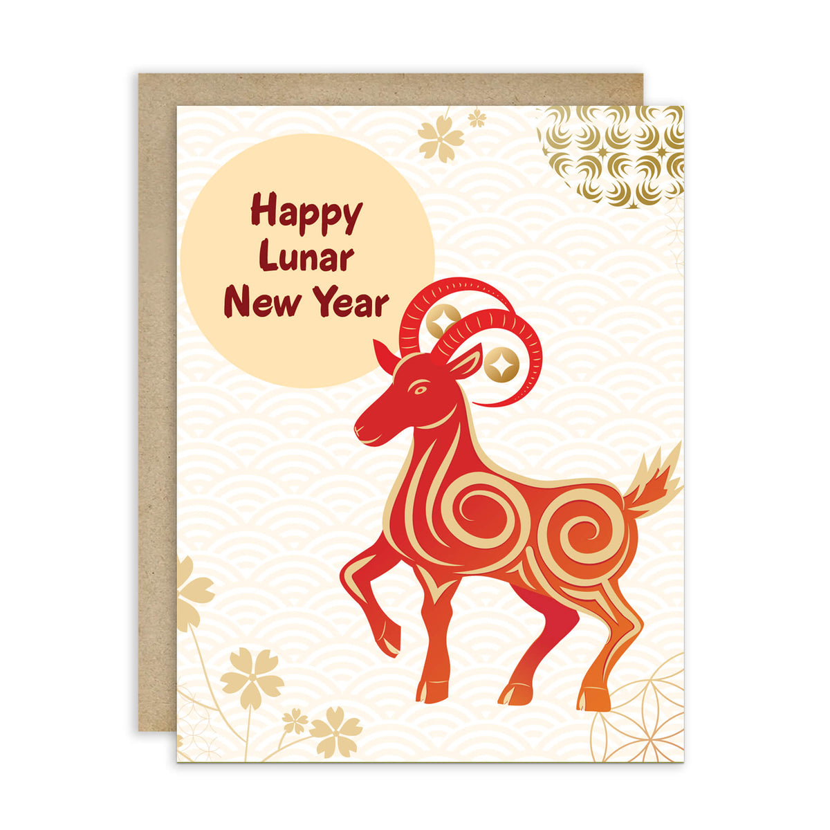 A lunar new year card with a kraft envelope, featuring a stylized red and orange ram illustration and the text 'Happy Lunar New Year' on a cream background with gold wave and floral motifs.