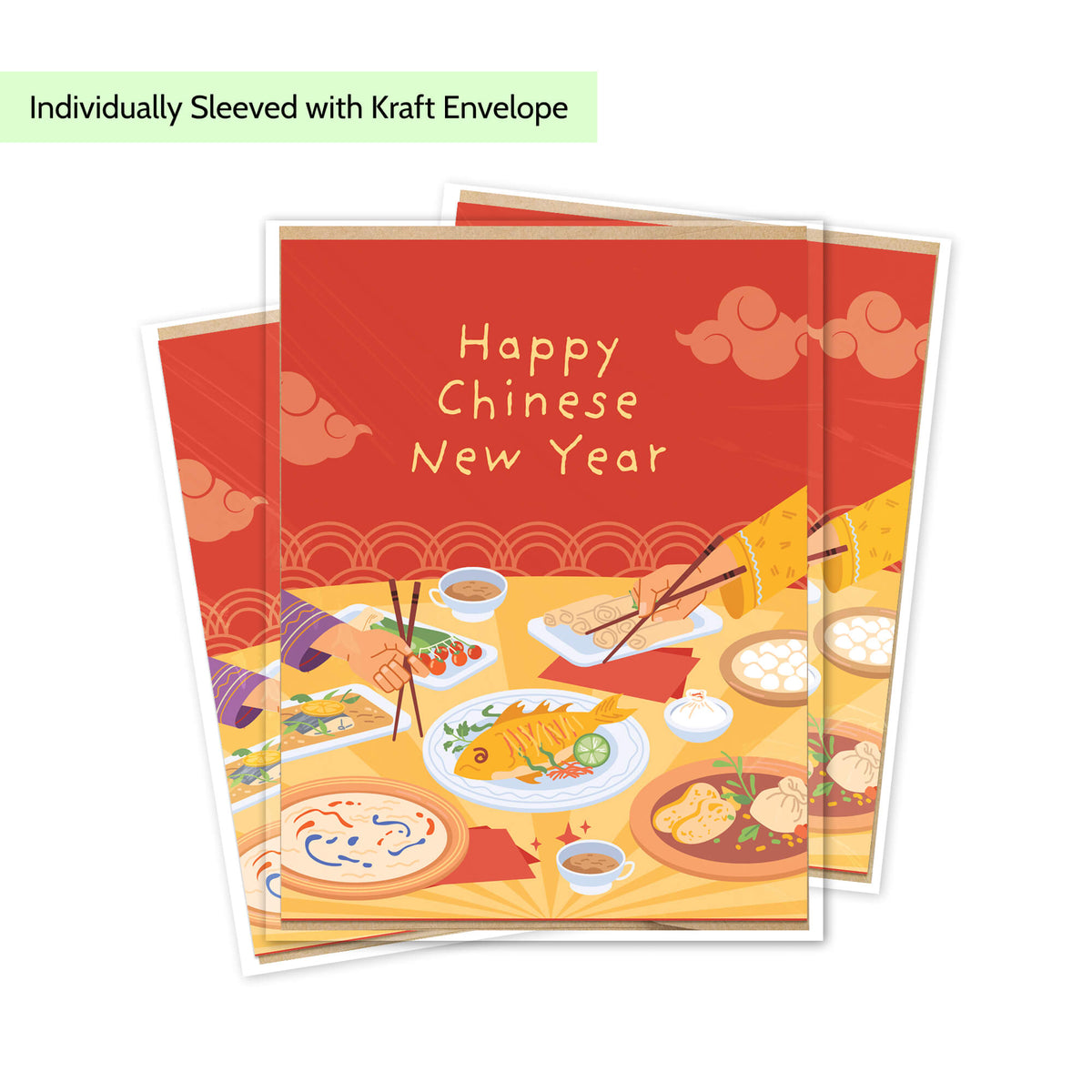 Three Tet cards with Chinese New Year illustrations, featuring a red header with 'Happy Chinese New Year' text and a festive dinner table scene below. A light green banner at the top reads 'Individually Sleeved with Kraft Envelope'.