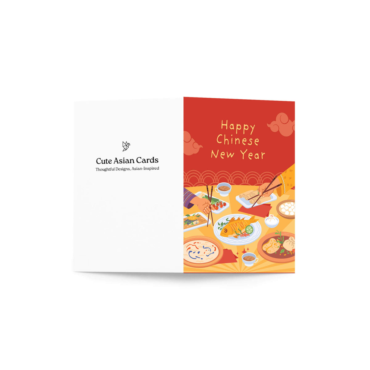 A lunar new year card shown open against a plain white background. The left panel is white with the text 'Cute Asian Cards' and a small logo.