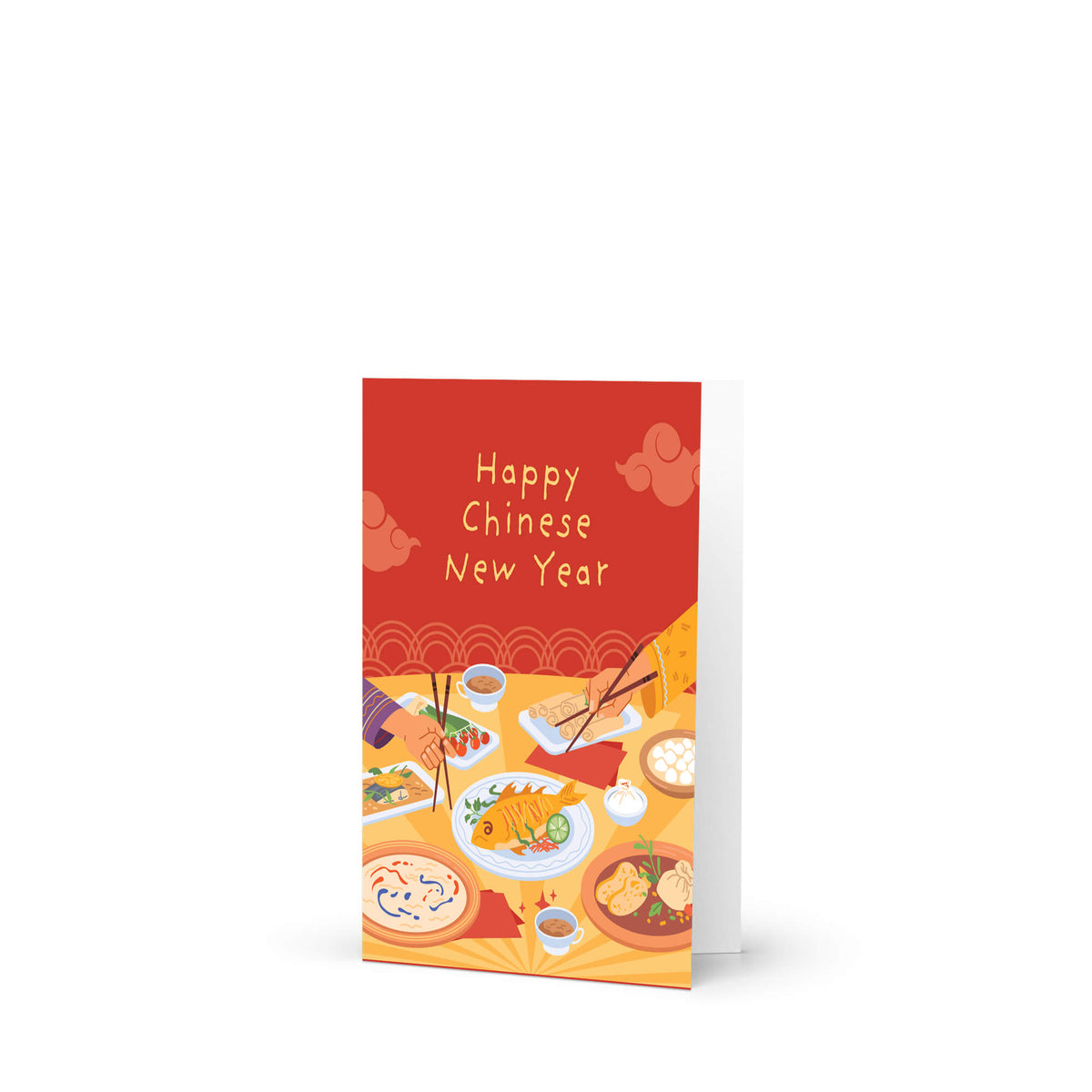 A red and orange Chinese New Year greeting card with 'Happy Chinese New Year' written in white text, standing upright on a white surface against a white background.