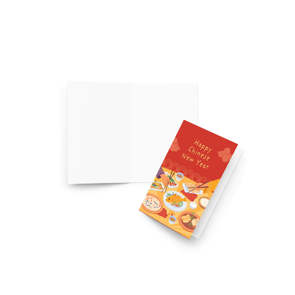 A lunar new year card with a red and orange Chinese New Year illustration, shown next to an open blank white card on a clean white background.