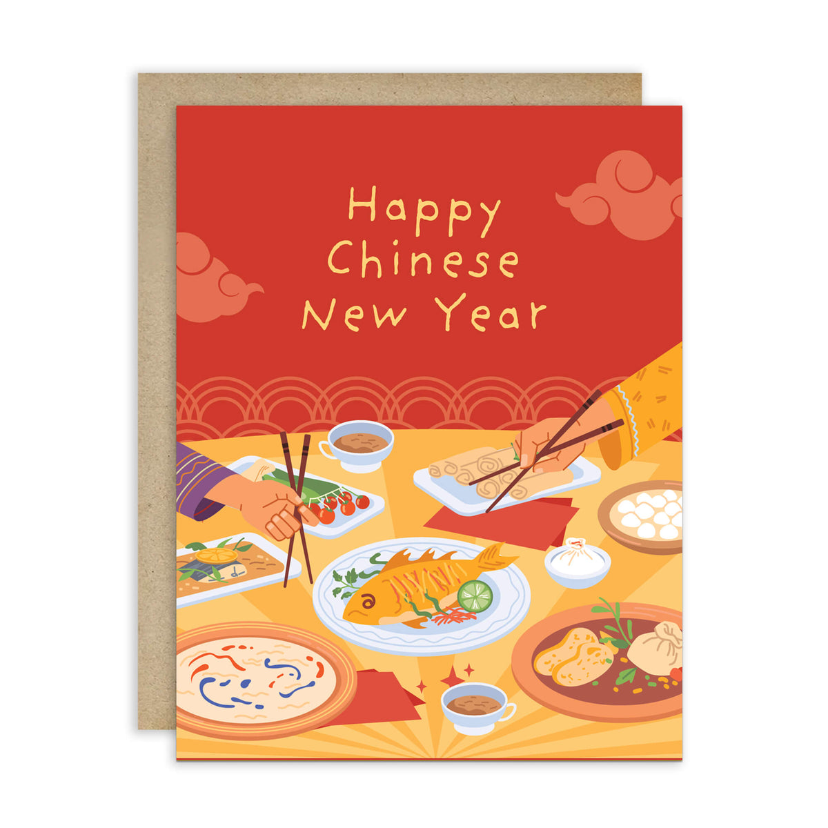 A chinese new year card with a kraft envelope behind it, featuring a festive Chinese New Year illustration. The card has a red header with the text 'Happy Chinese New Year' in yellow, and below it a stylized dinner table scene with chopsticks, food, and warm yellow-orange tones.