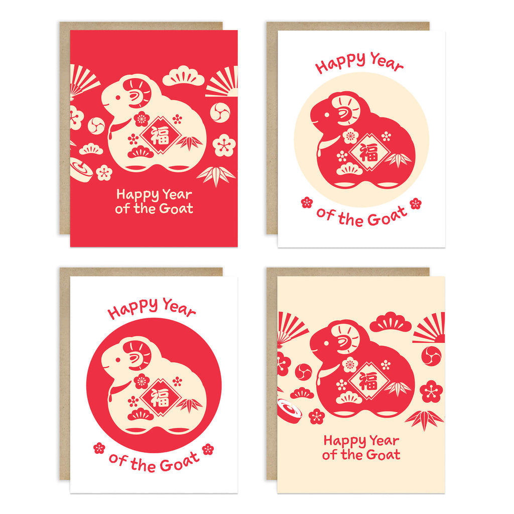 assorted pack of year of the goat  greeting cards arranged in a 2x2 grid, each paired with a kraft envelope. The cards feature red and cream illustrations of a goat with Chinese decorative motifs and the text 'Happy Year of the Goat'.