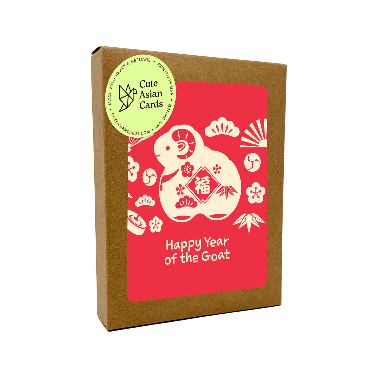 assorted pack of lunar new year cards from 'Cute Asian Cards' featuring a red front label with a white goat illustration and the text 'Happy Year of the Goat'.
