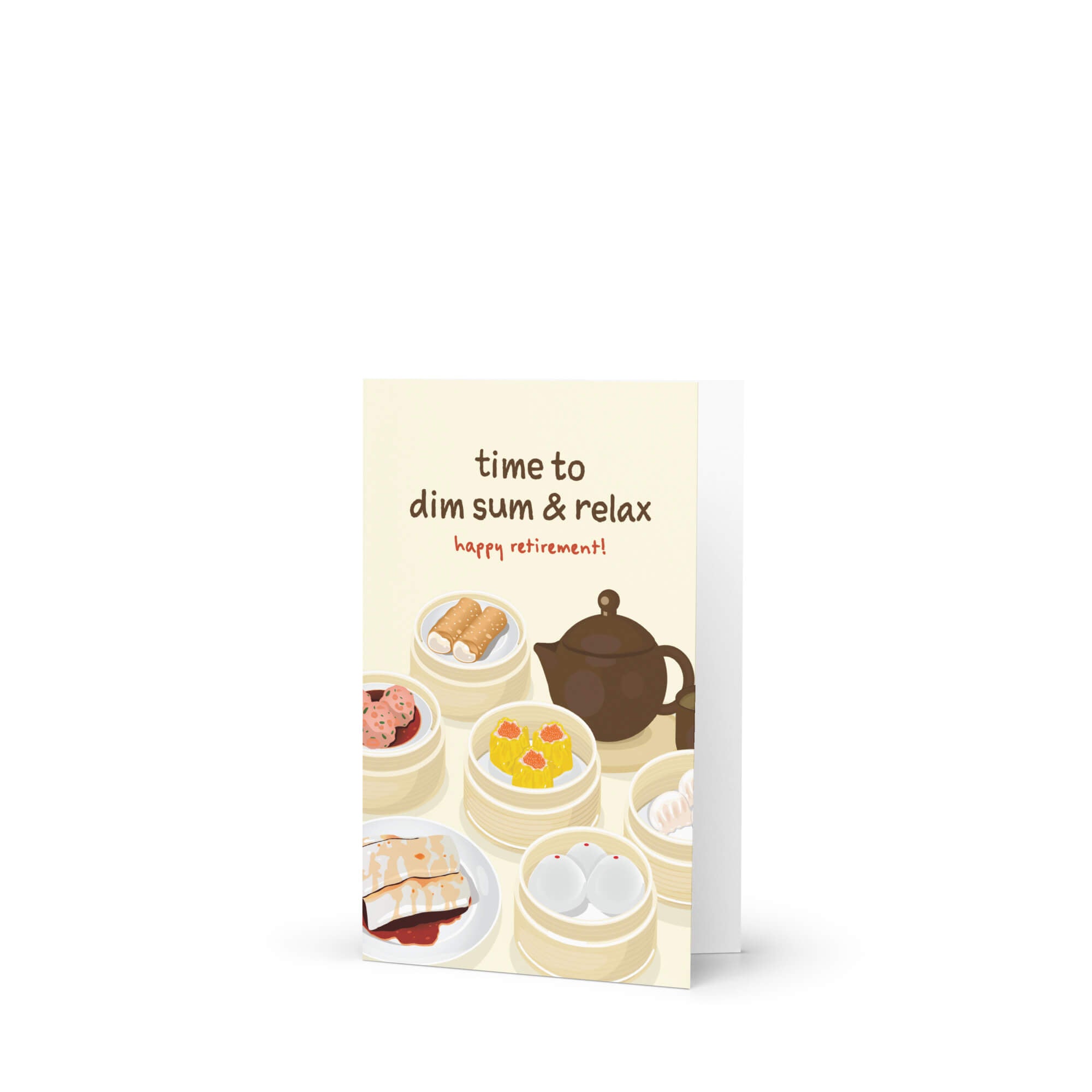 Greeting card with dim sum illustrations and text on a white background