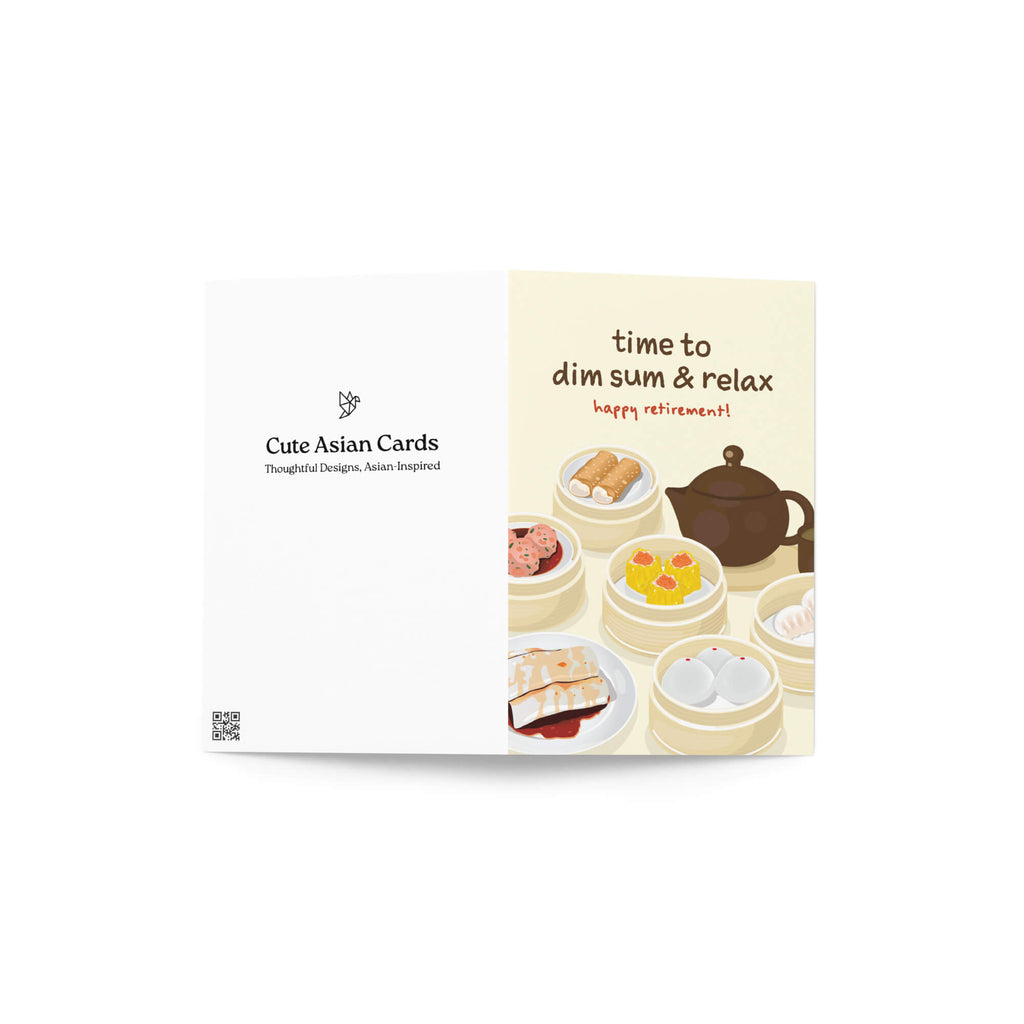 Card with dim sum illustrations and text 'time to dim sum & relax' on a white background