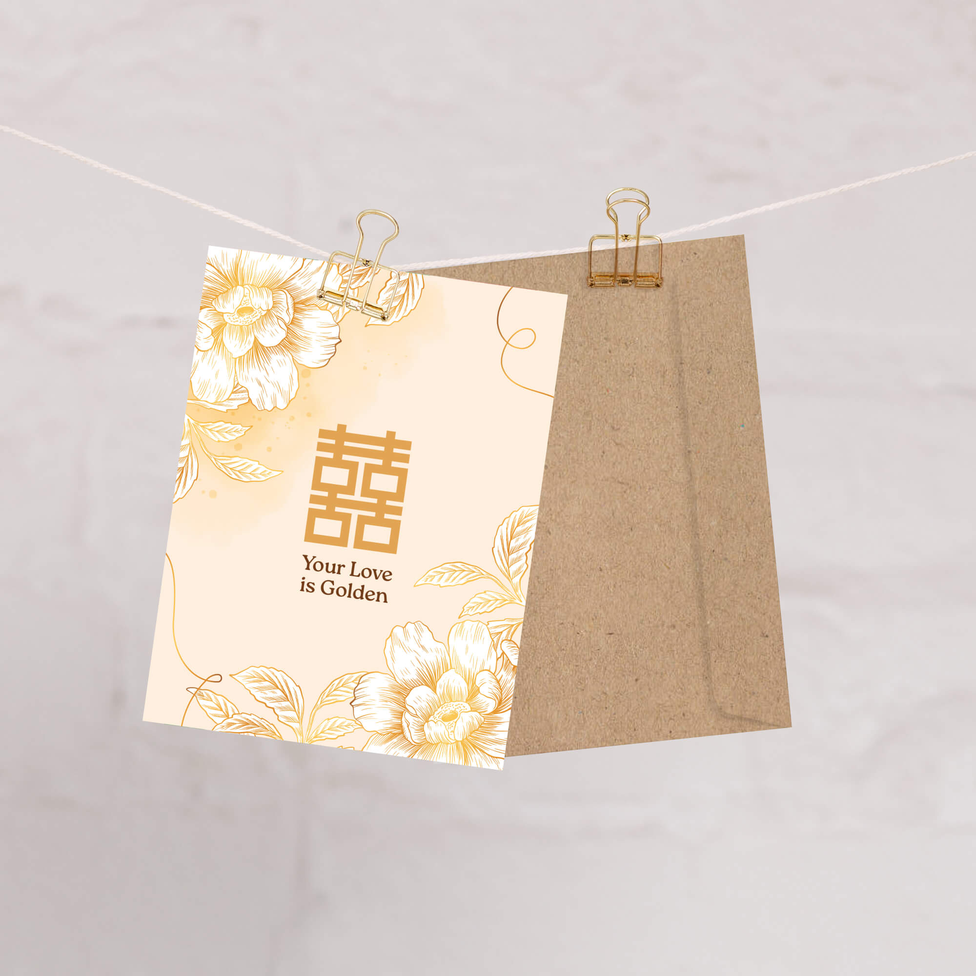 asian wedding Greeting card with floral design and 'Your Love is Golden' text on a beige background