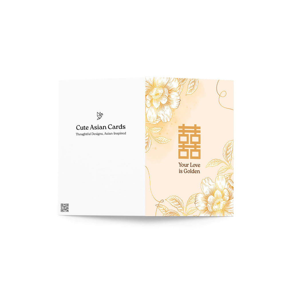 asian wedding Greeting card with floral design and 'Your Love is Golden' text on a beige background
