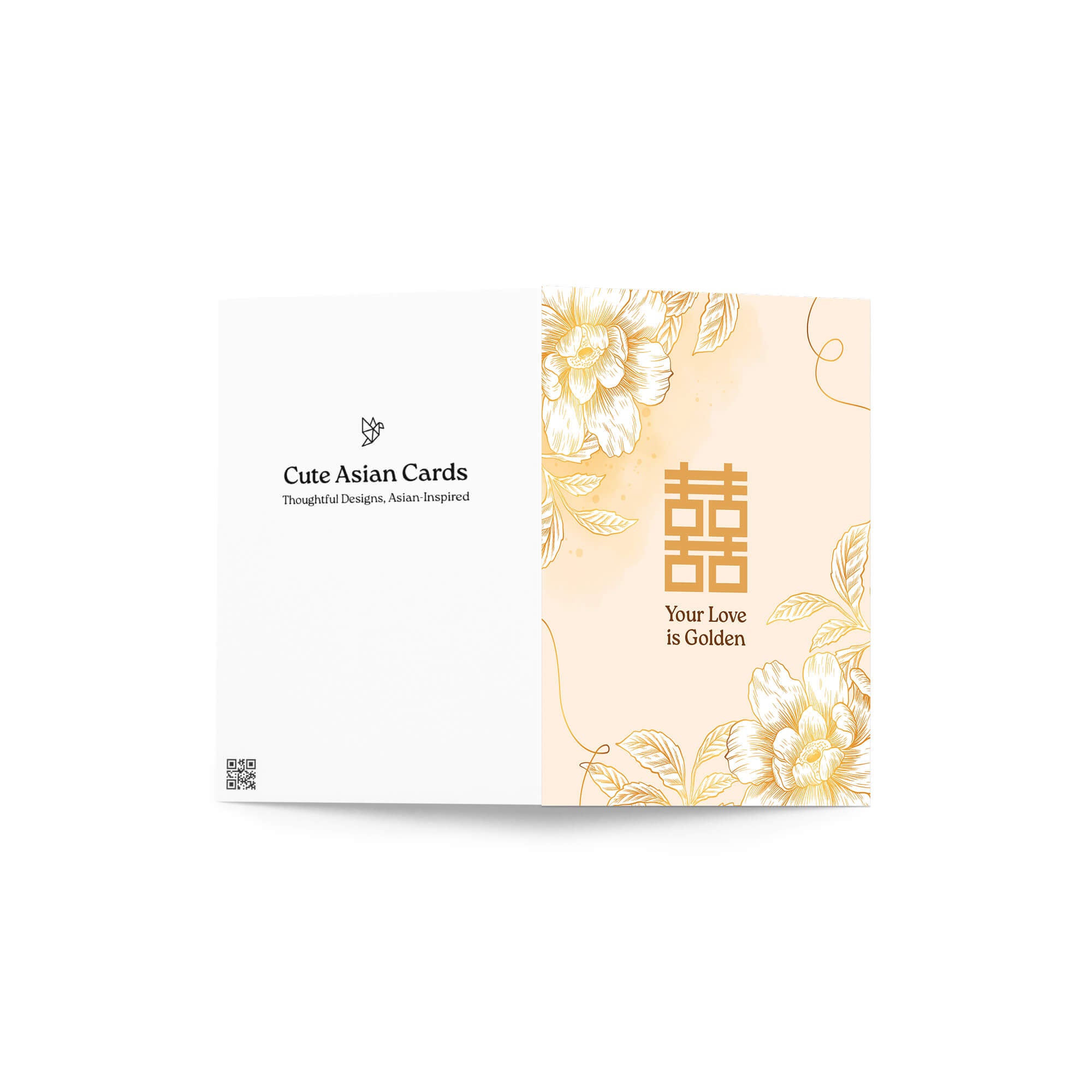 asian wedding Greeting card with floral design and 'Your Love is Golden' text on a beige background