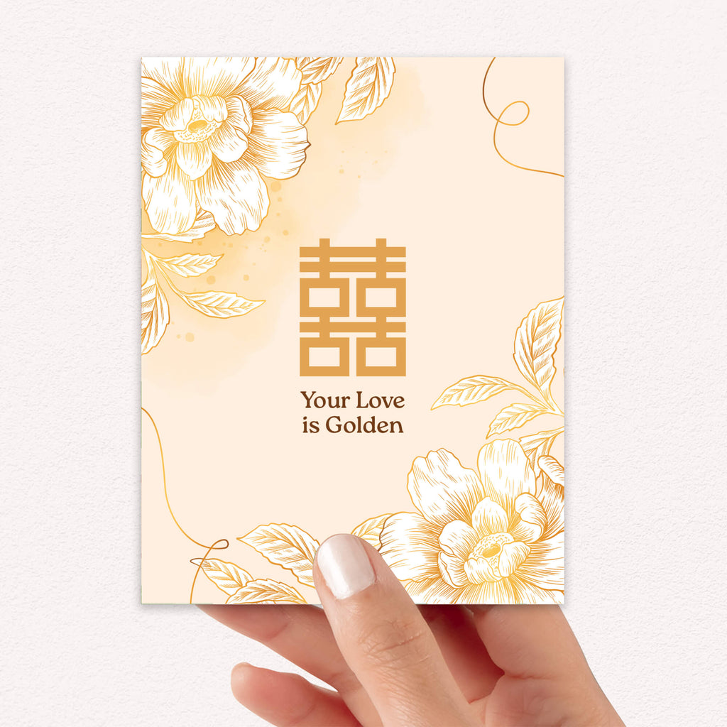 asian wedding Greeting card with floral design and 'Your Love is Golden' text on a beige background