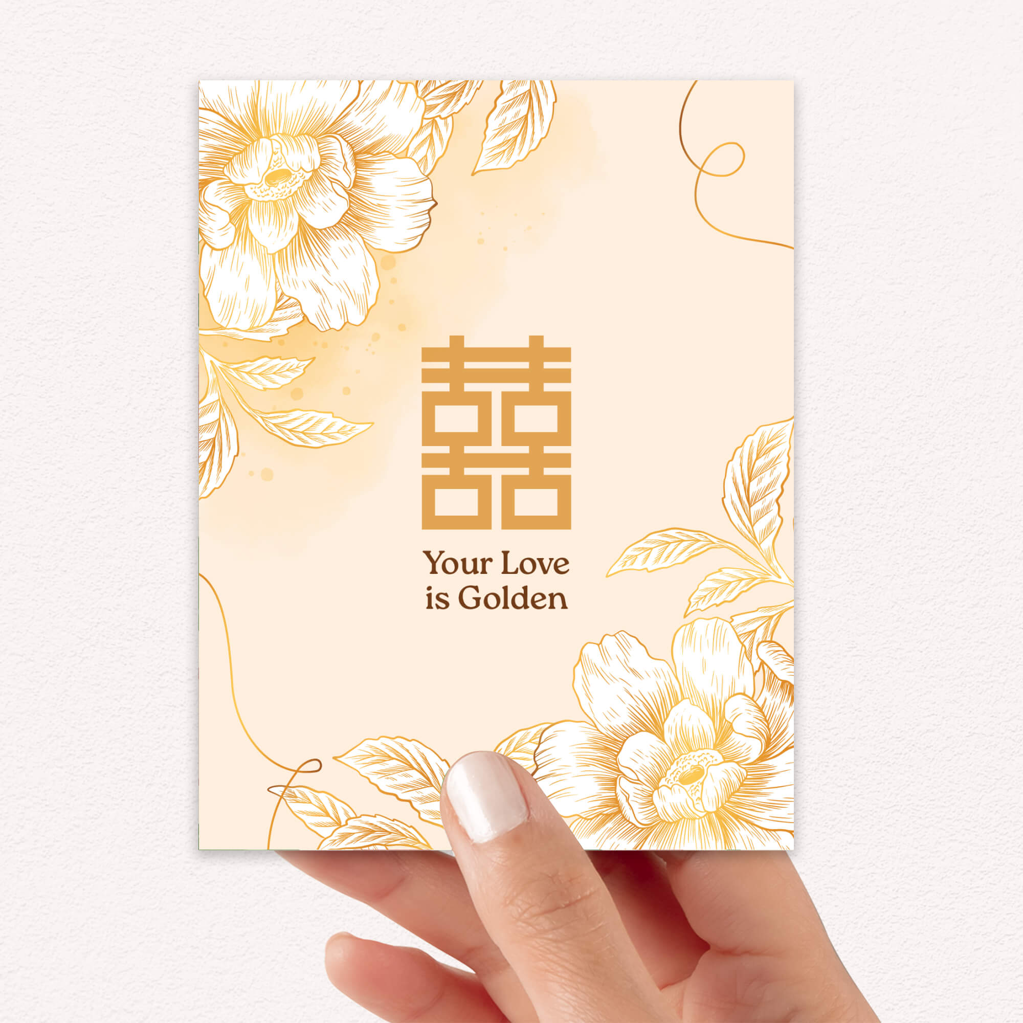 asian wedding Greeting card with floral design and 'Your Love is Golden' text on a beige background
