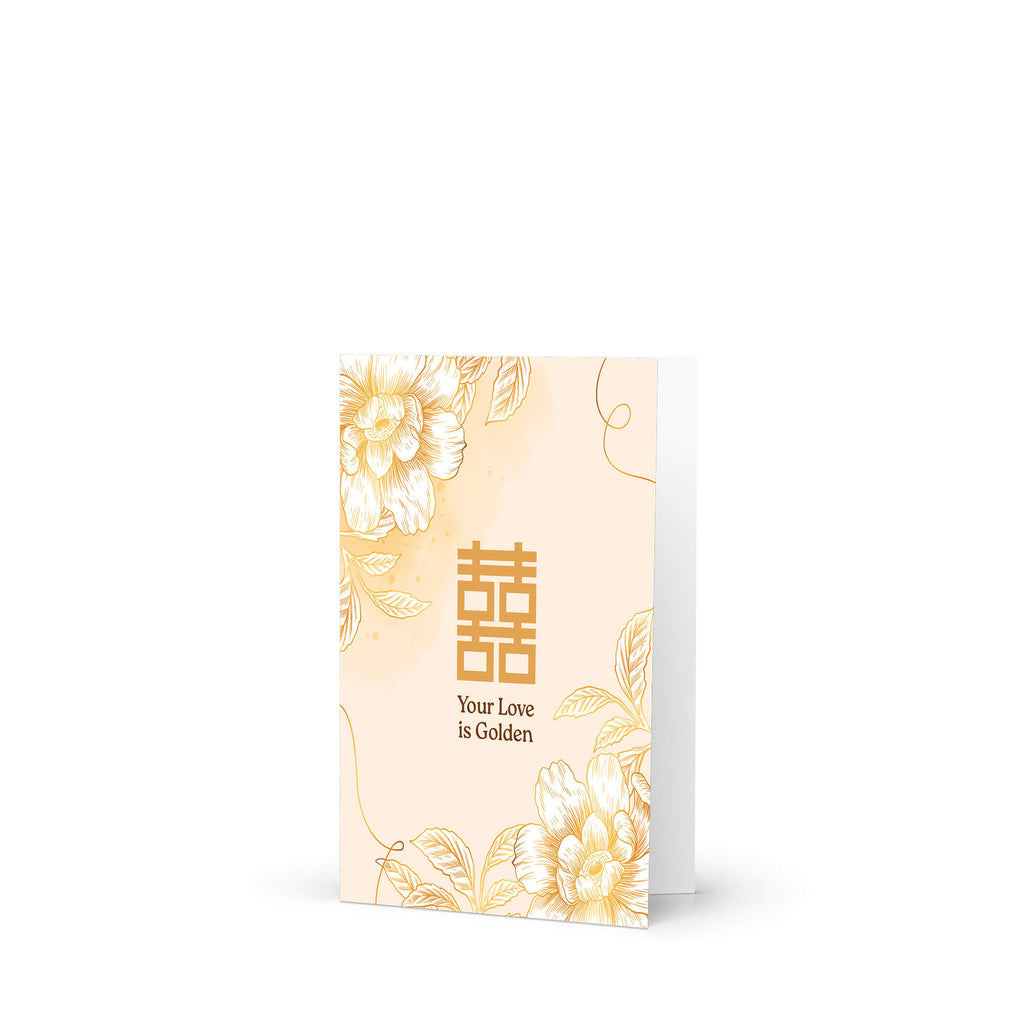 asian wedding Greeting card with floral design and 'Your Love is Golden' text on a beige background
