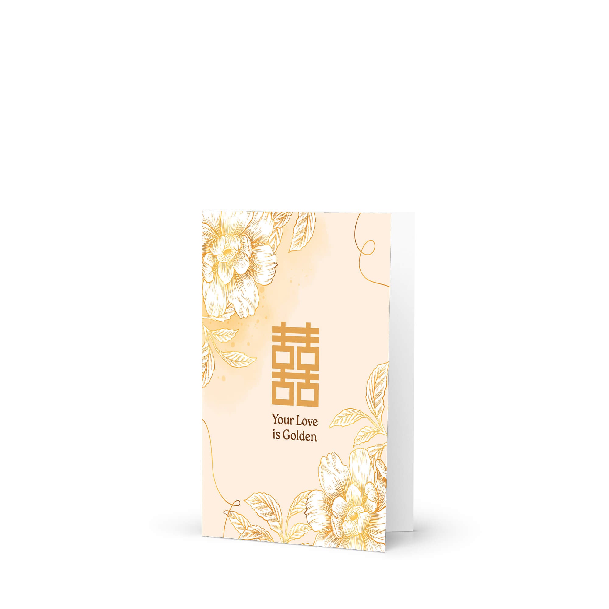 asian wedding Greeting card with floral design and 'Your Love is Golden' text on a beige background