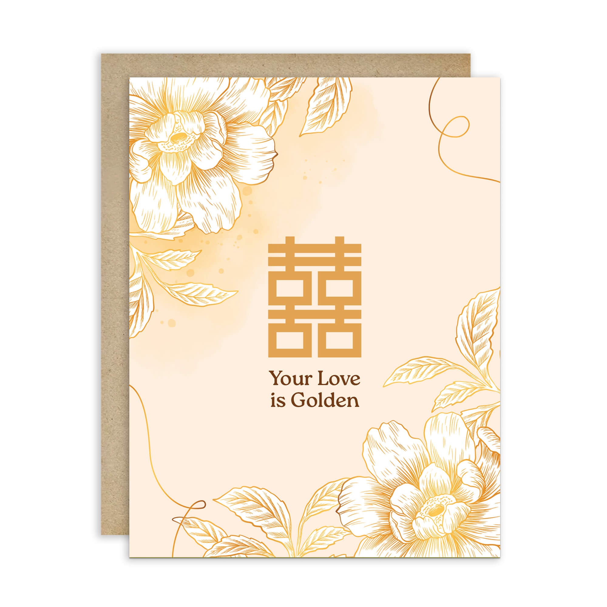 asian wedding Greeting card with floral design and 'Your Love is Golden' text on a beige background