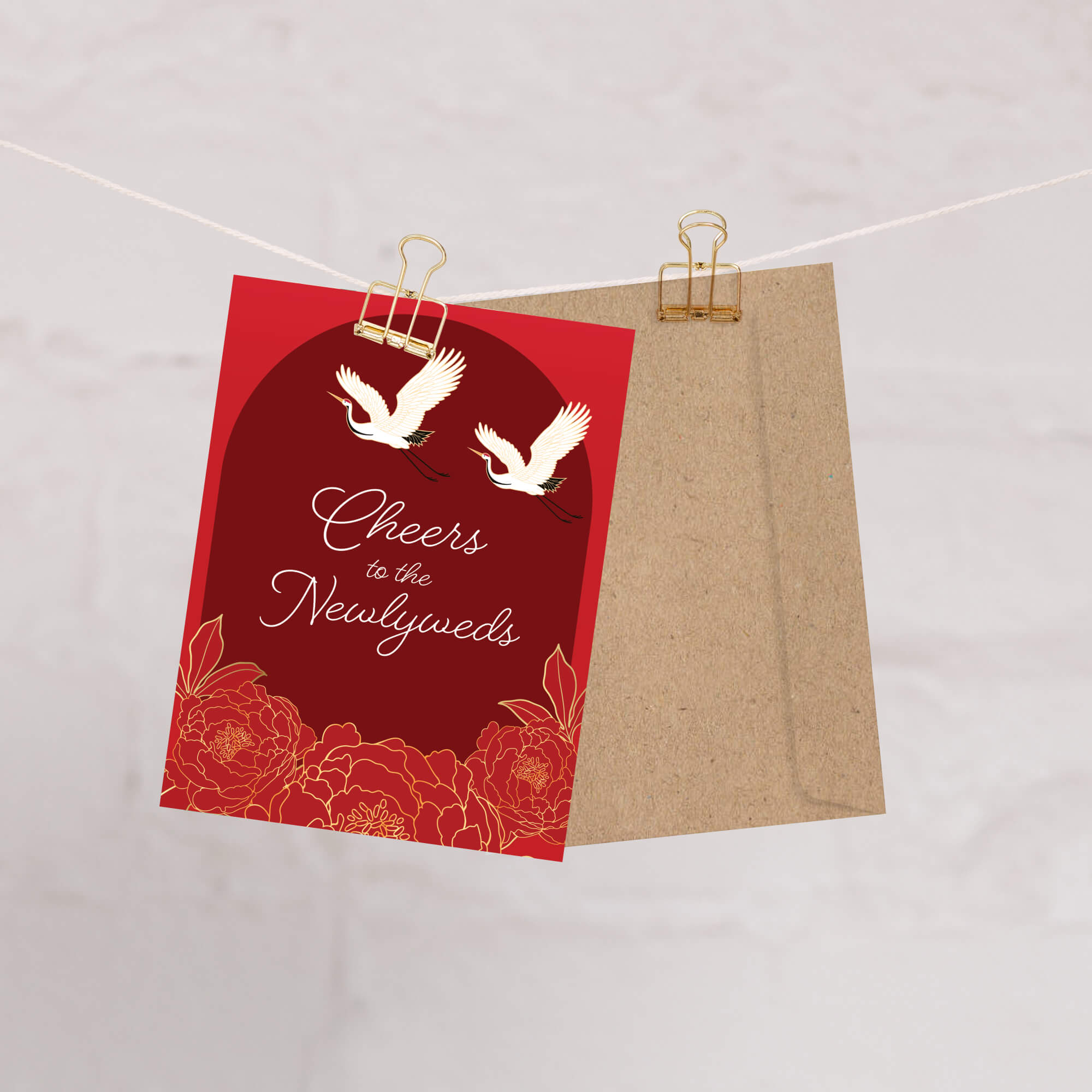 asian wedding Greeting card with cranes and floral design on a red background