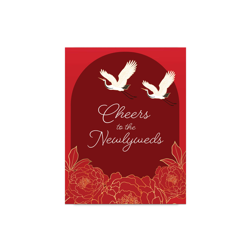 asian wedding Greeting card with cranes and floral design on a red background