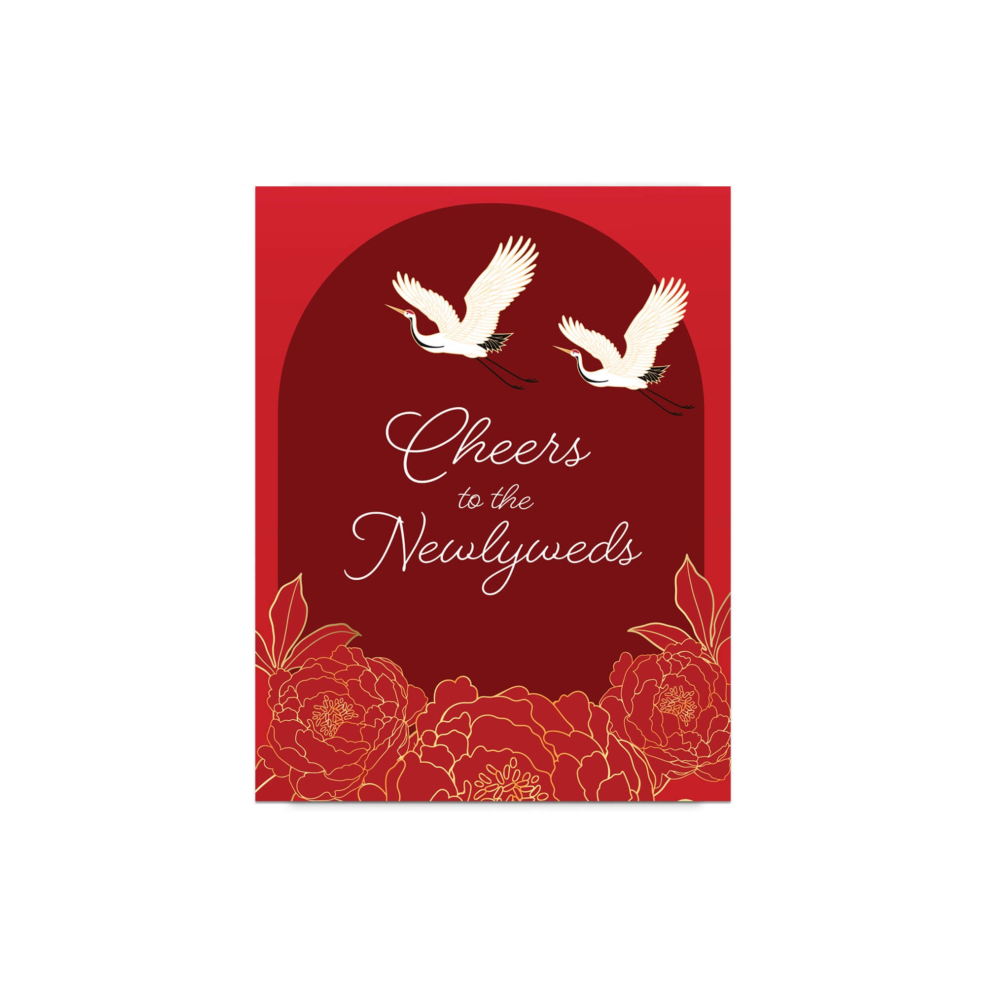 asian wedding Greeting card with cranes and floral design on a red background