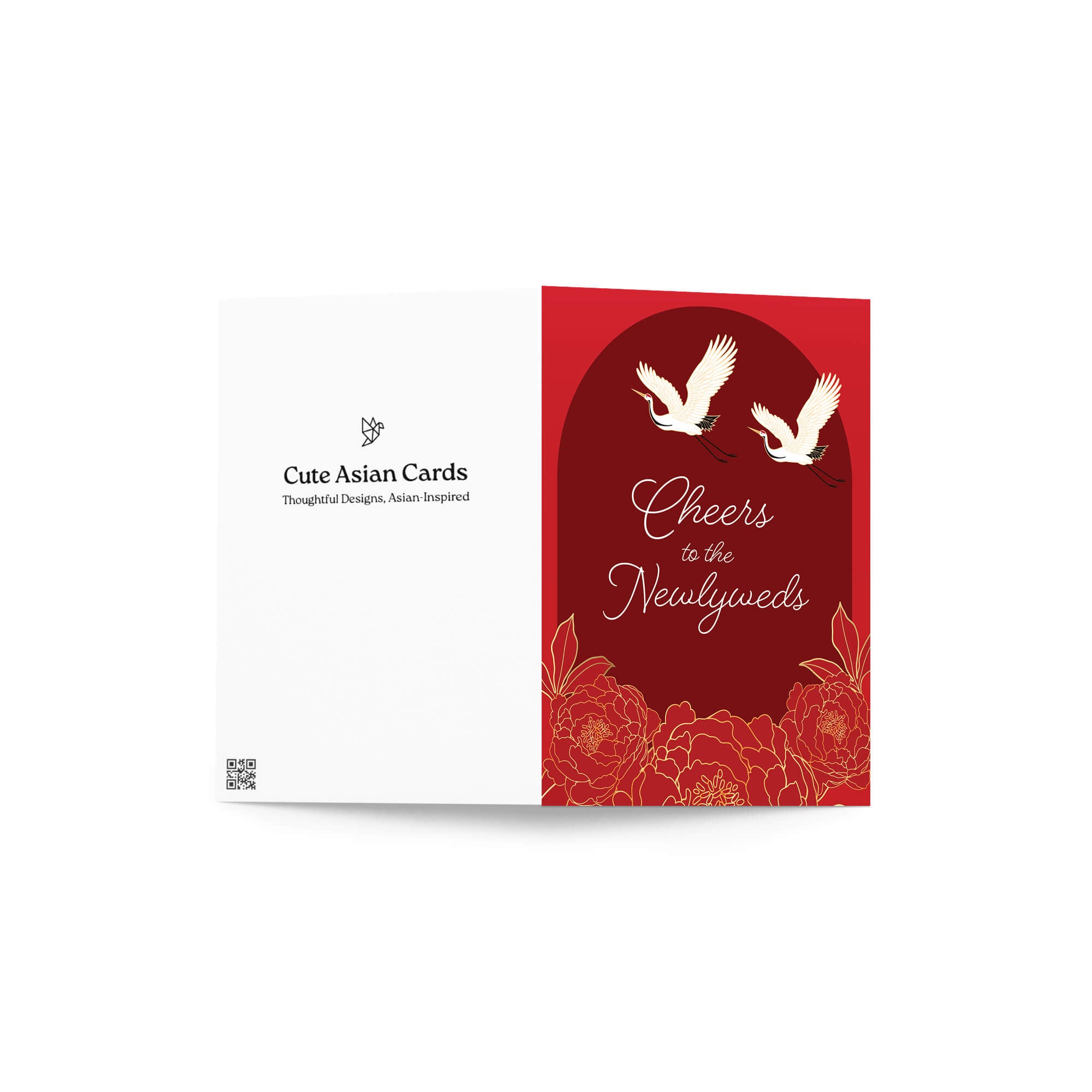 asian wedding Greeting card with cranes and floral design on a red background