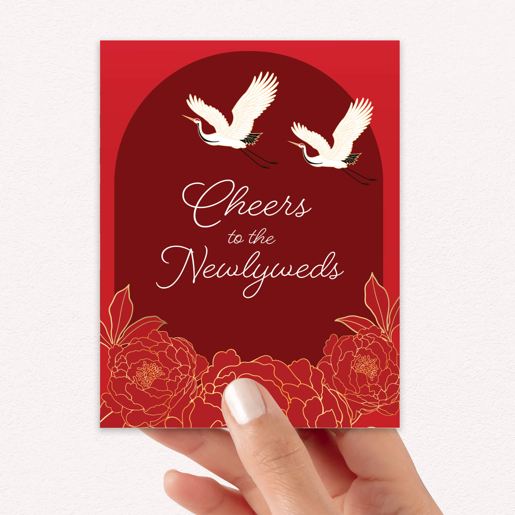 asian wedding Greeting card with cranes and floral design on a red background
