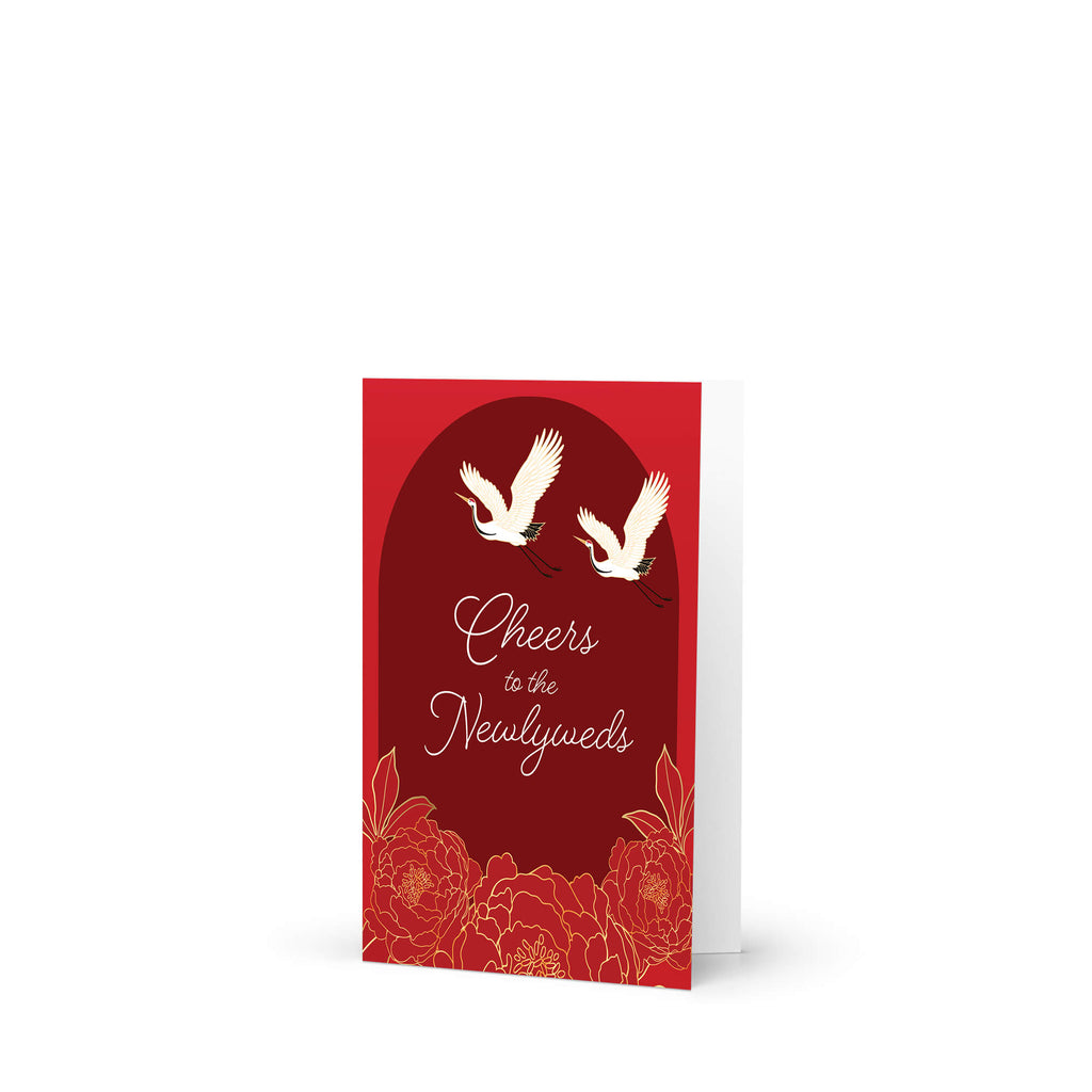asian wedding Greeting card with cranes and floral design on a red background