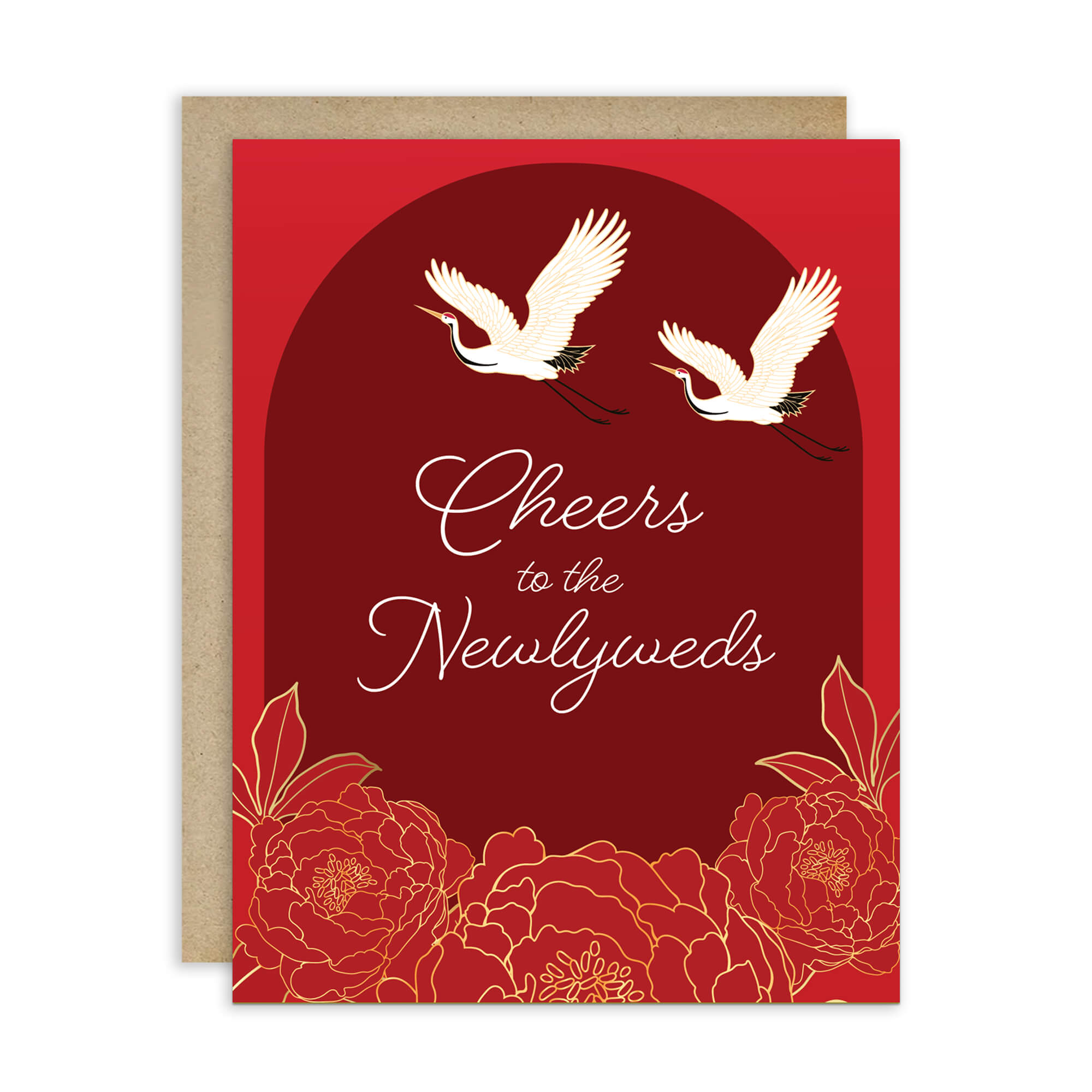 asian wedding Greeting card with cranes and floral design on a red background