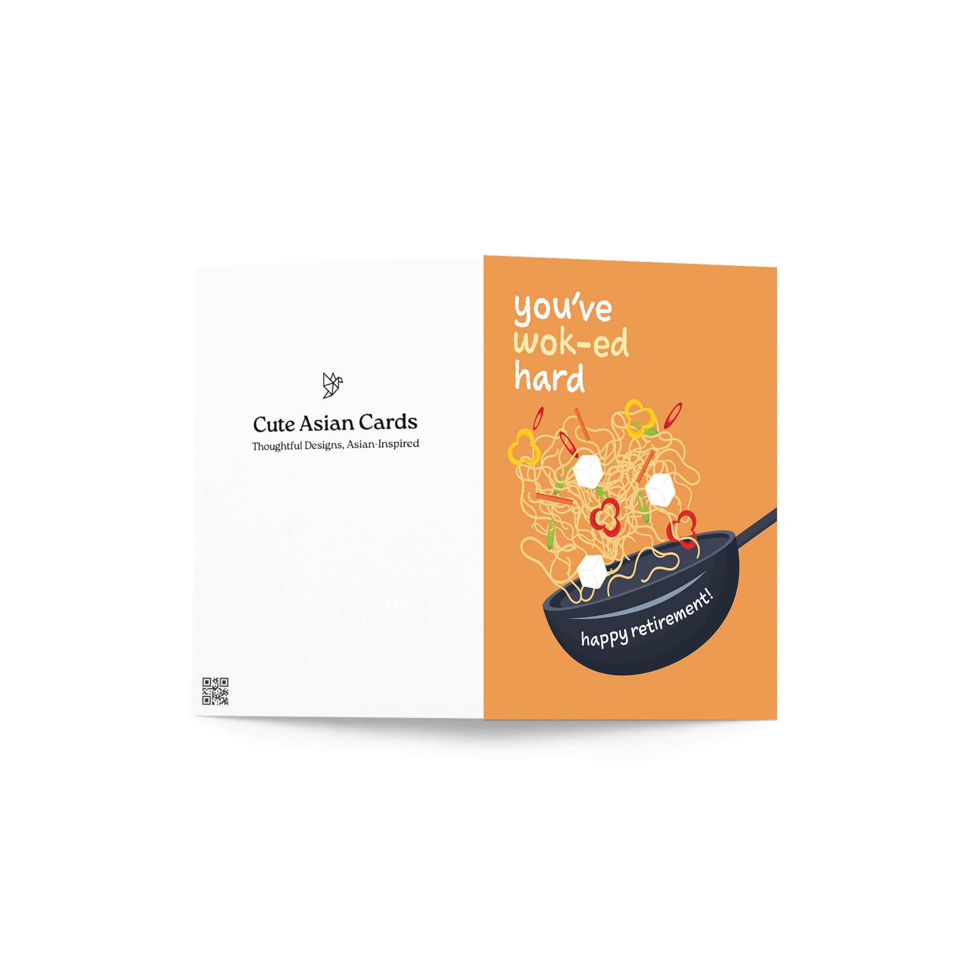 retirement card with a wok and noodles design, text 'you've wok-ed hard happy retirement!', on an orange background.