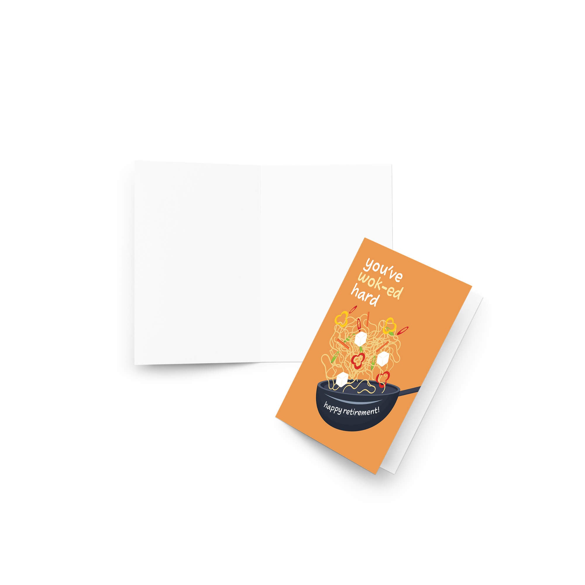 retirement card with a wok and noodles design, text 'you've wok-ed hard happy retirement!', on an orange background.