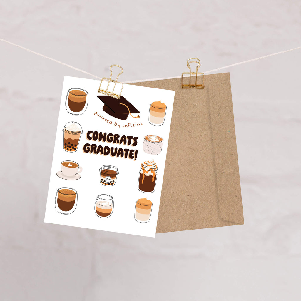 cute graduation card with coffee illustrations and 'Congrats Graduate!' text on a white background