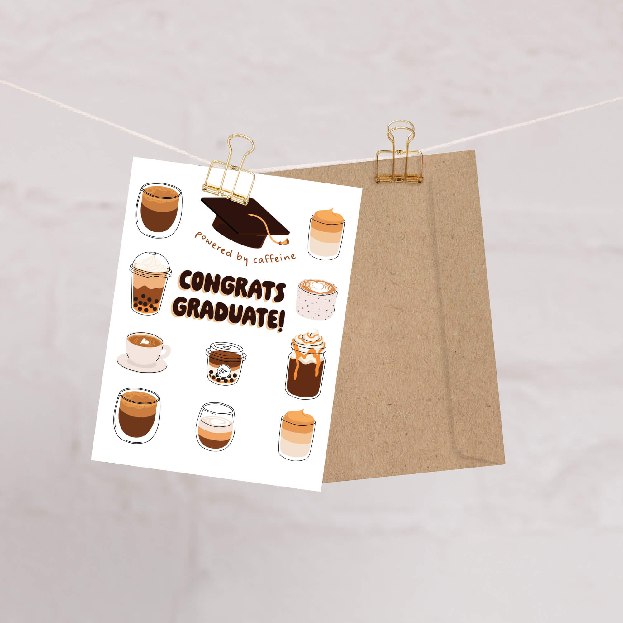 cute graduation card with coffee illustrations and 'Congrats Graduate!' text on a white background