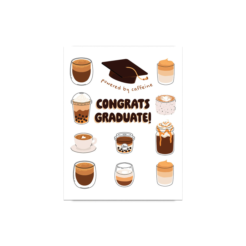 cute graduation card with coffee illustrations and 'Congrats Graduate!' text on a white background