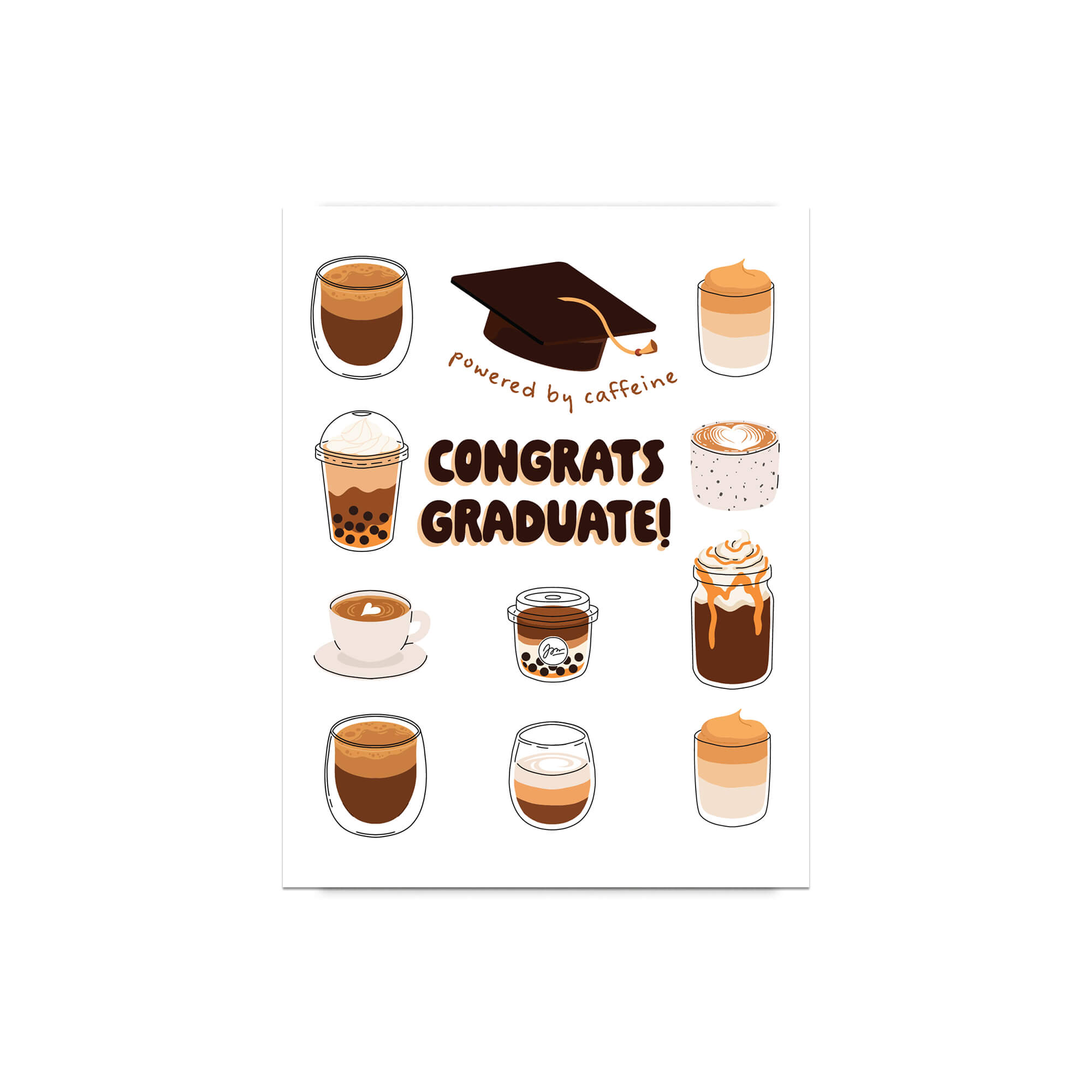 cute graduation card with coffee illustrations and 'Congrats Graduate!' text on a white background