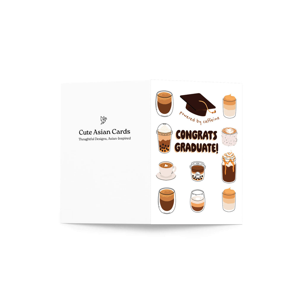 cute graduation card with coffee illustrations and 'Congrats Graduate!' text on a white background