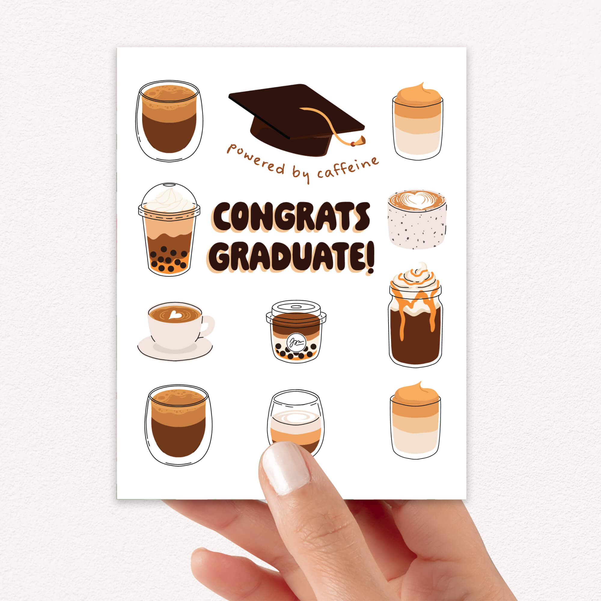cute graduation card with coffee illustrations and 'Congrats Graduate!' text on a white background