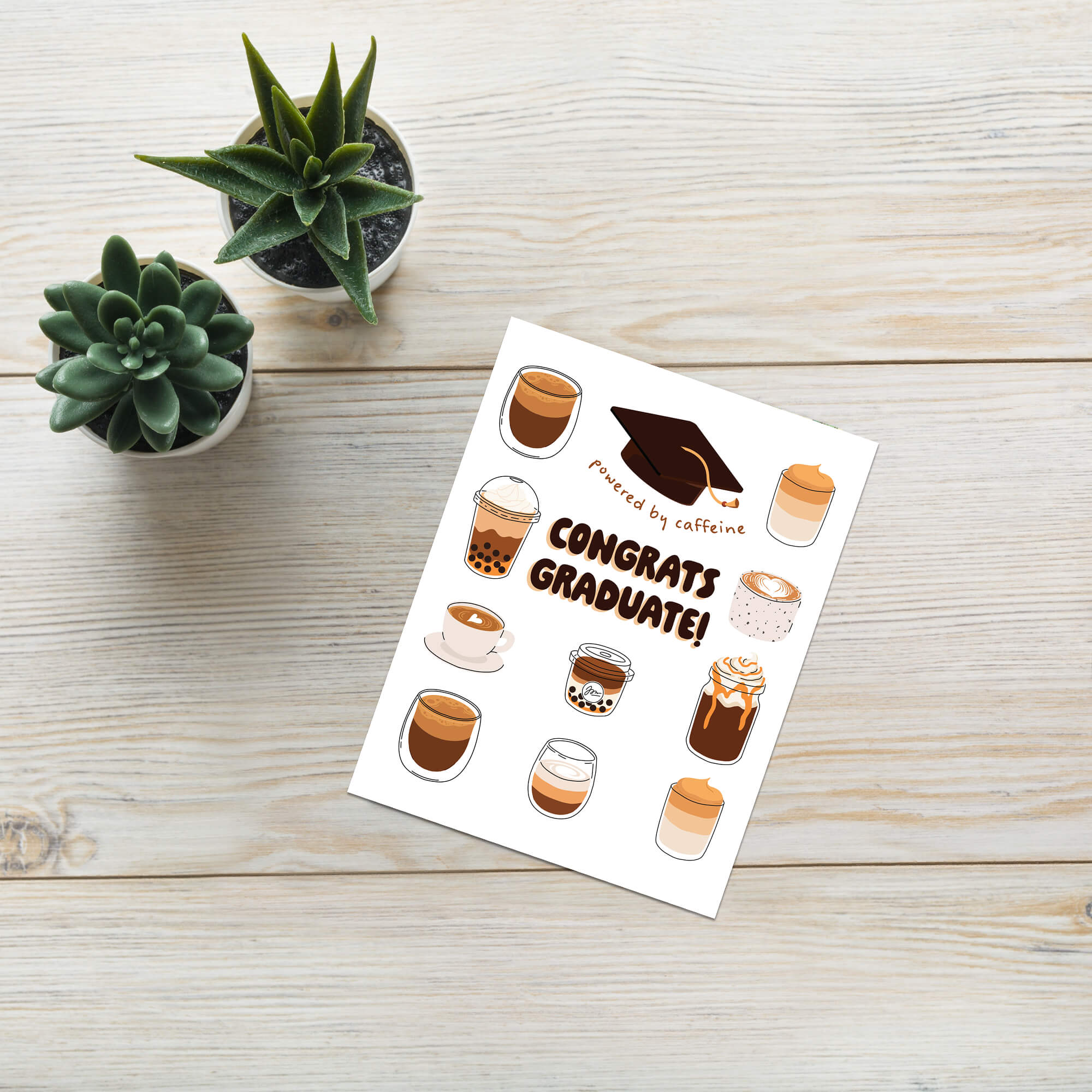 cute graduation card with coffee illustrations and 'Congrats Graduate!' text on a white background