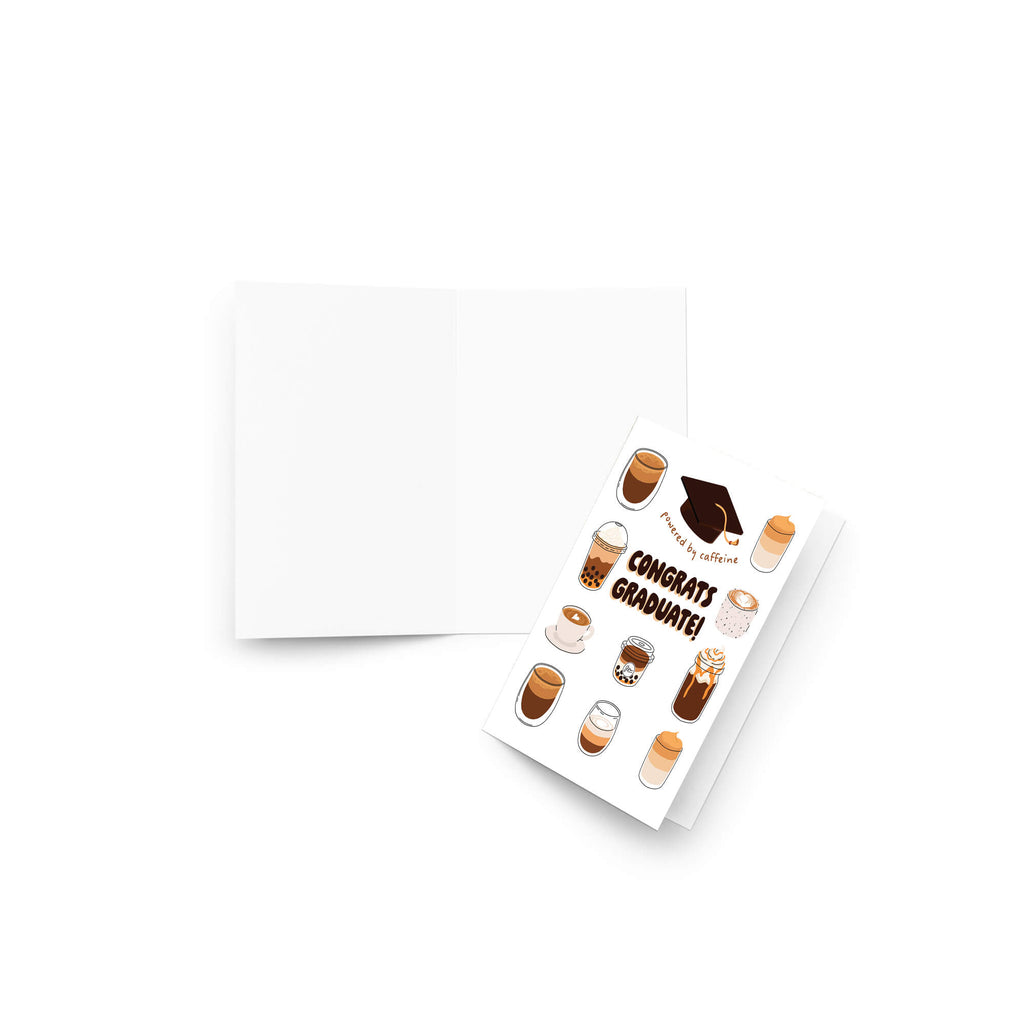 cute graduation card with coffee illustrations and 'Congrats Graduate!' text on a white background