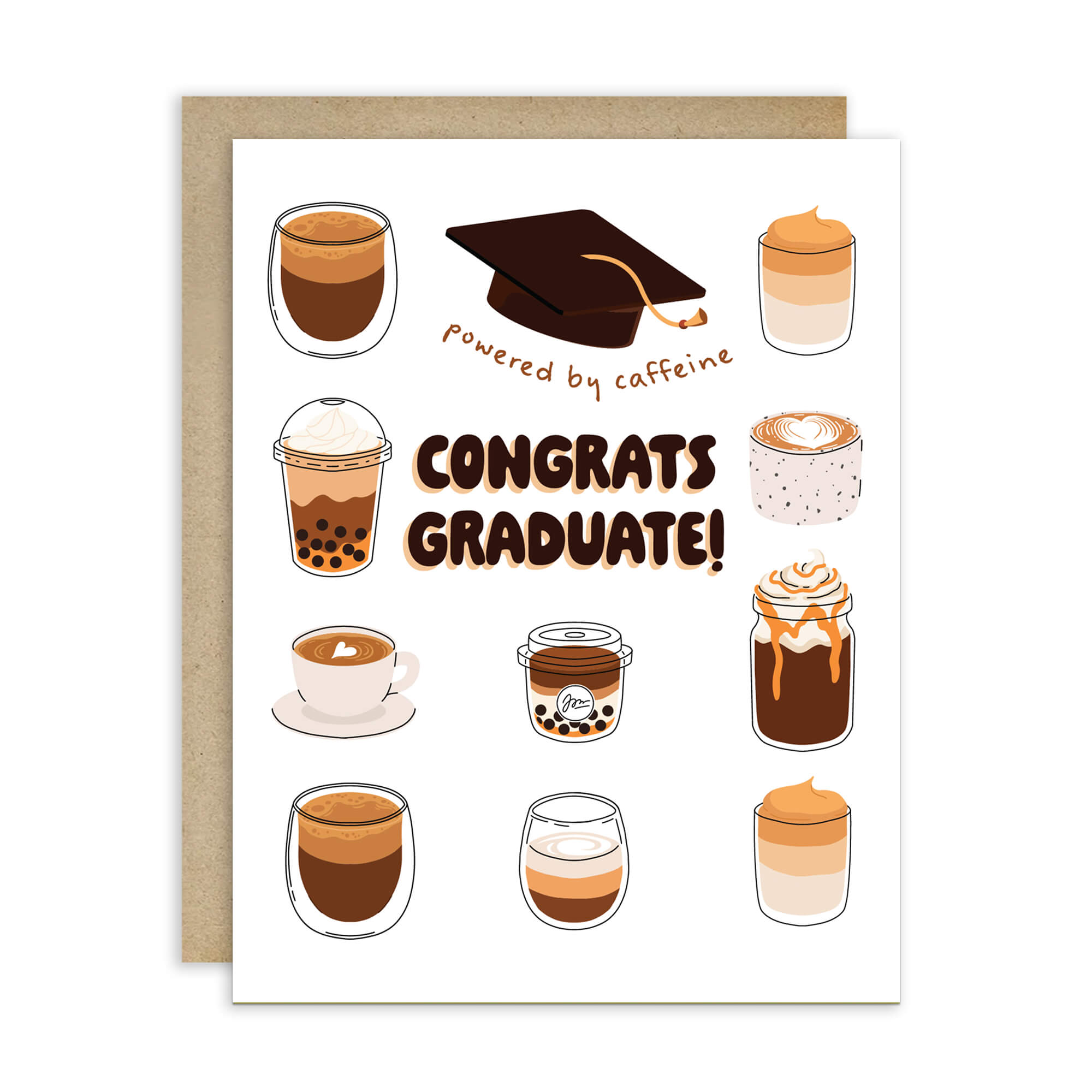 cute graduation card with coffee illustrations and 'Congrats Graduate!' text on a white background