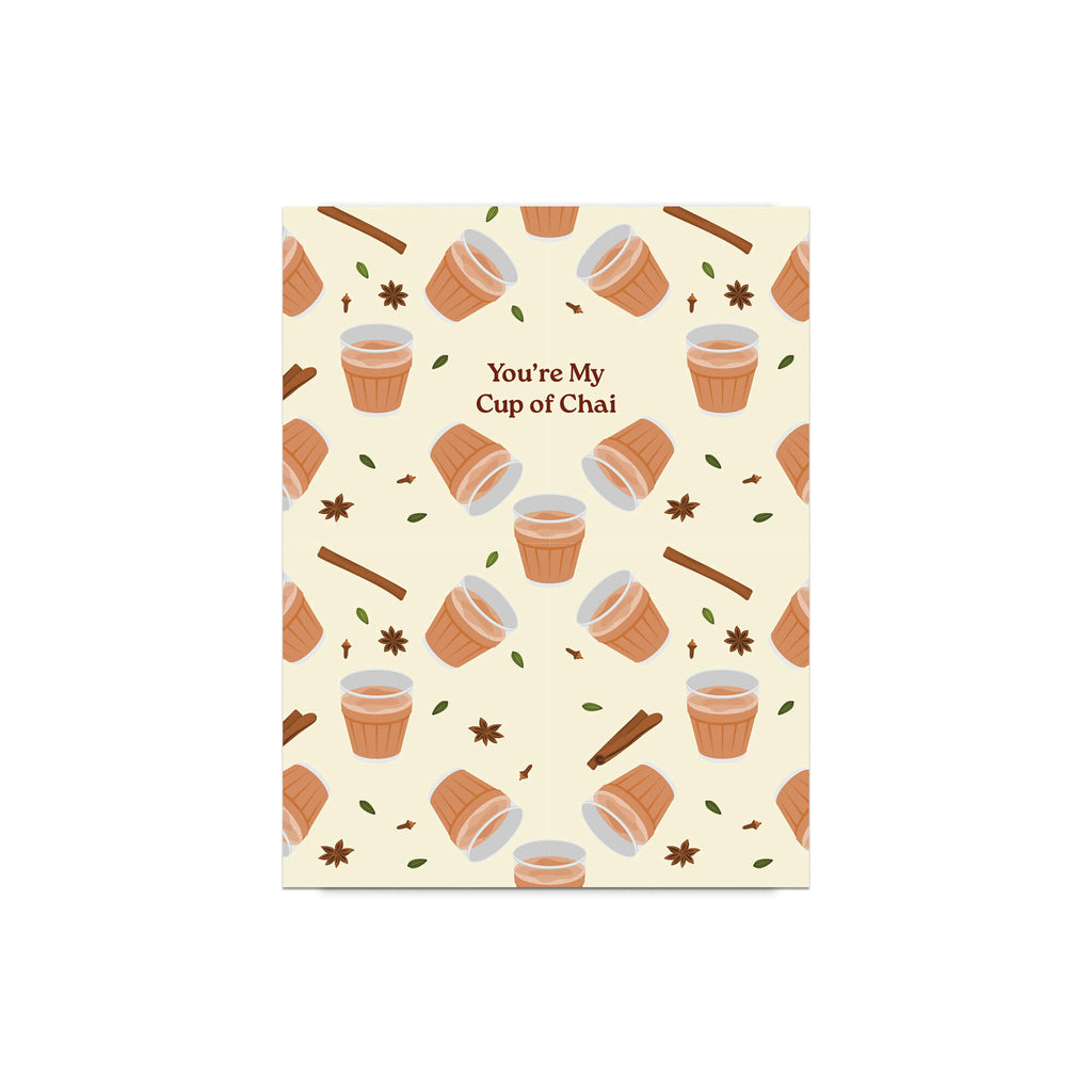 indian desi Greeting card with cup of chai pattern and text 'You're My Cup of Chai' on a beige background.