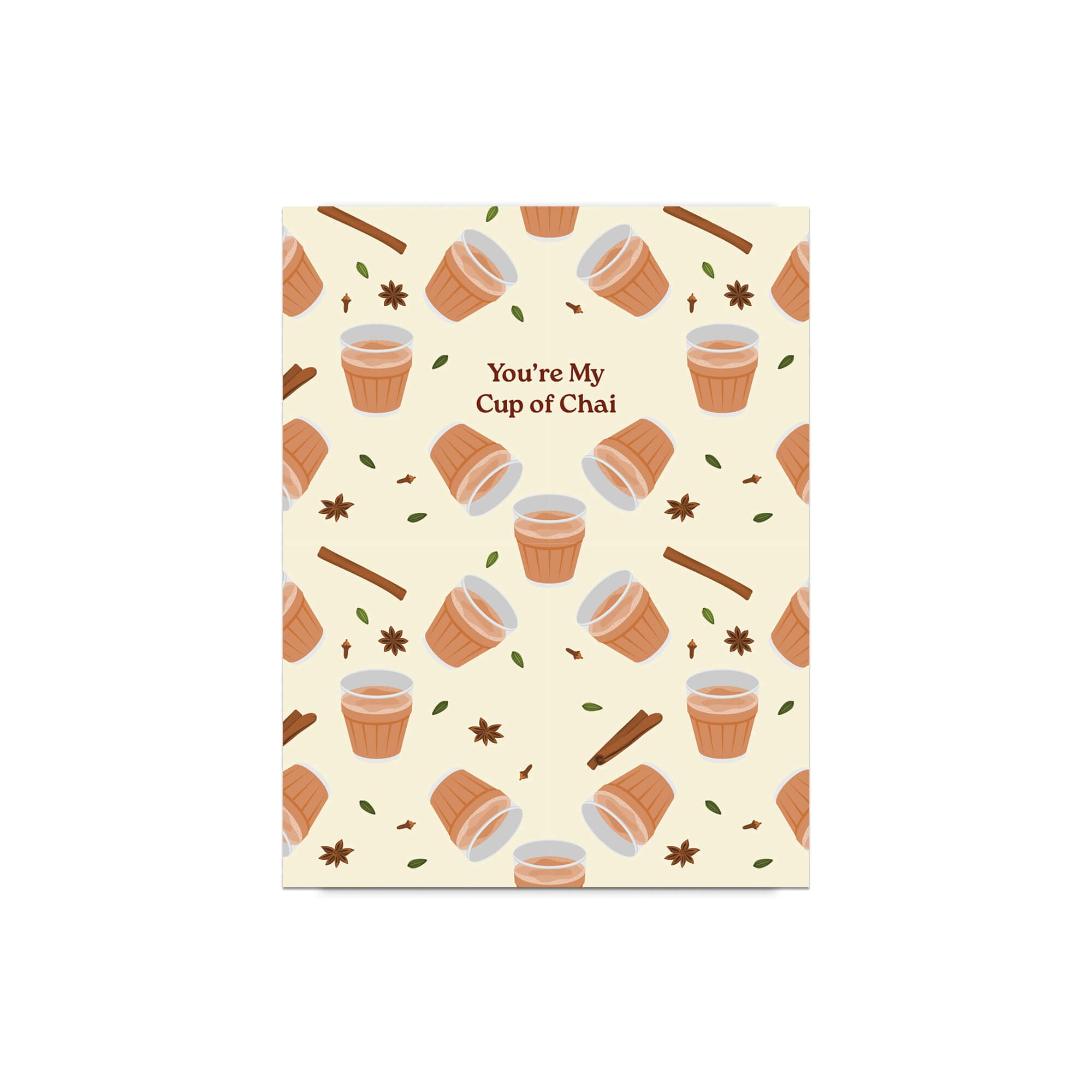 indian desi Greeting card with cup of chai pattern and text 'You're My Cup of Chai' on a beige background.