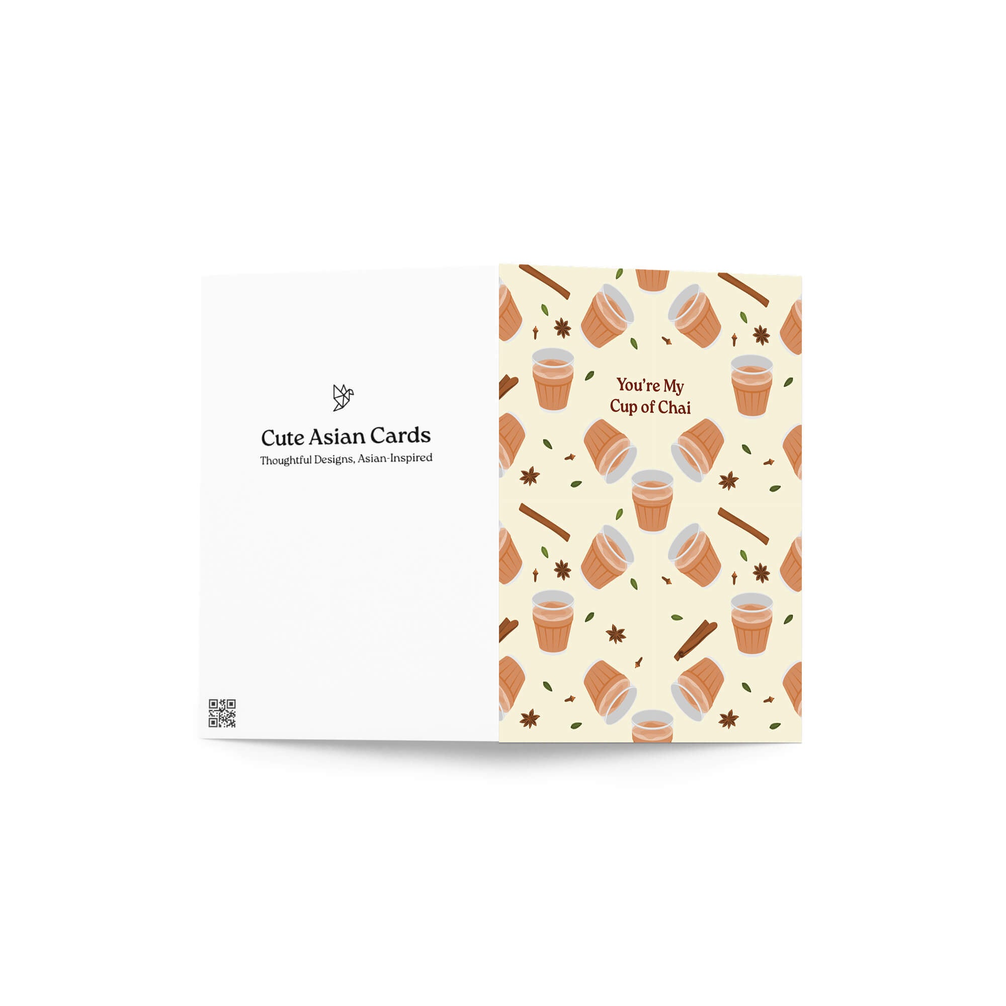 indian desi Greeting card with cup of chai pattern and text 'You're My Cup of Chai' on a beige background.
