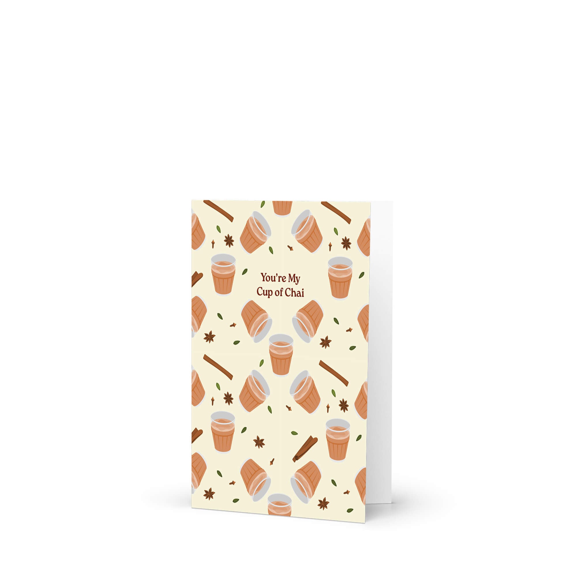 indian desi Greeting card with cup of chai pattern and text 'You're My Cup of Chai' on a beige background.