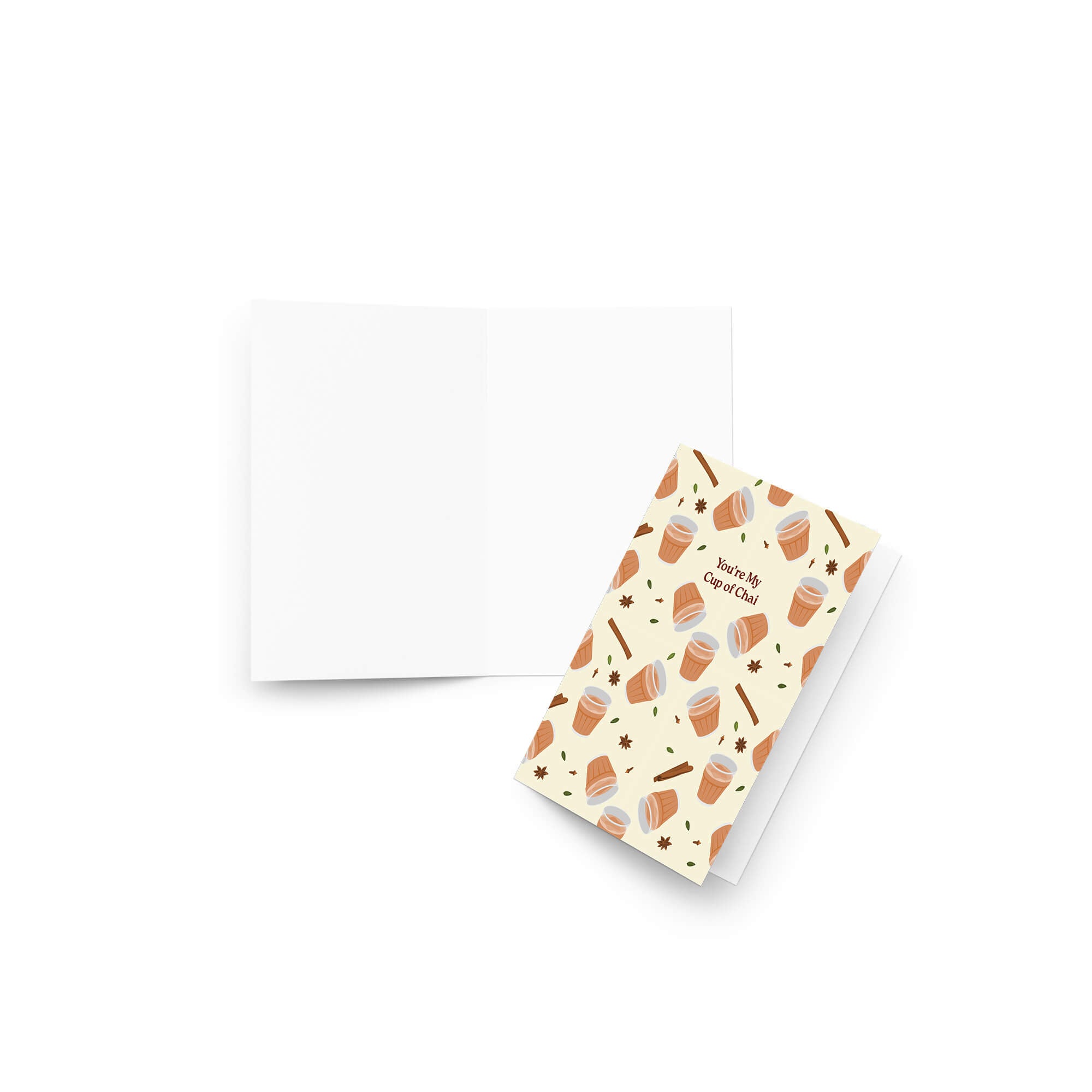 indian desi Greeting card with cup of chai pattern and text 'You're My Cup of Chai' on a beige background.