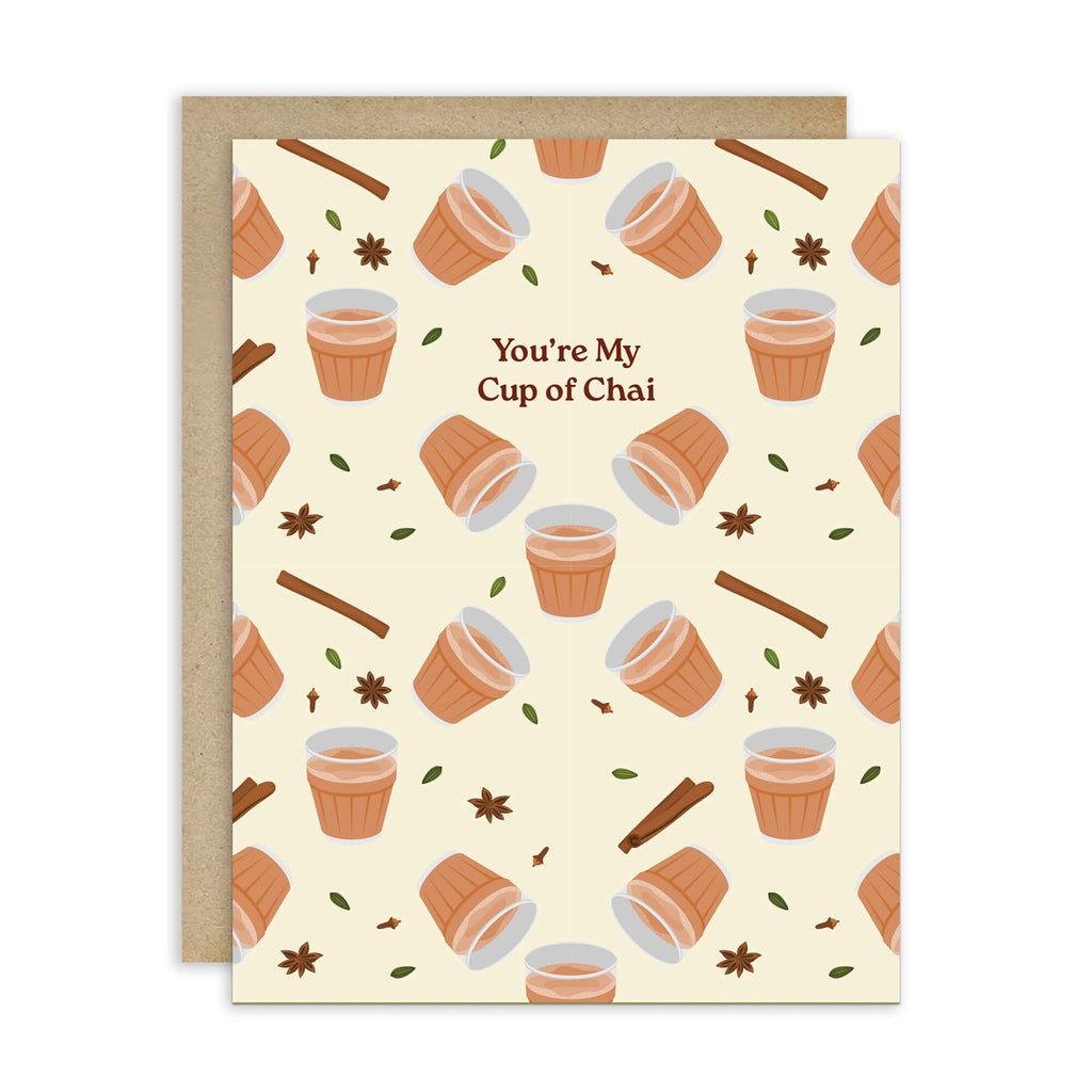 indian desi Greeting card with cup of chai pattern and text 'You're My Cup of Chai' on a beige background.