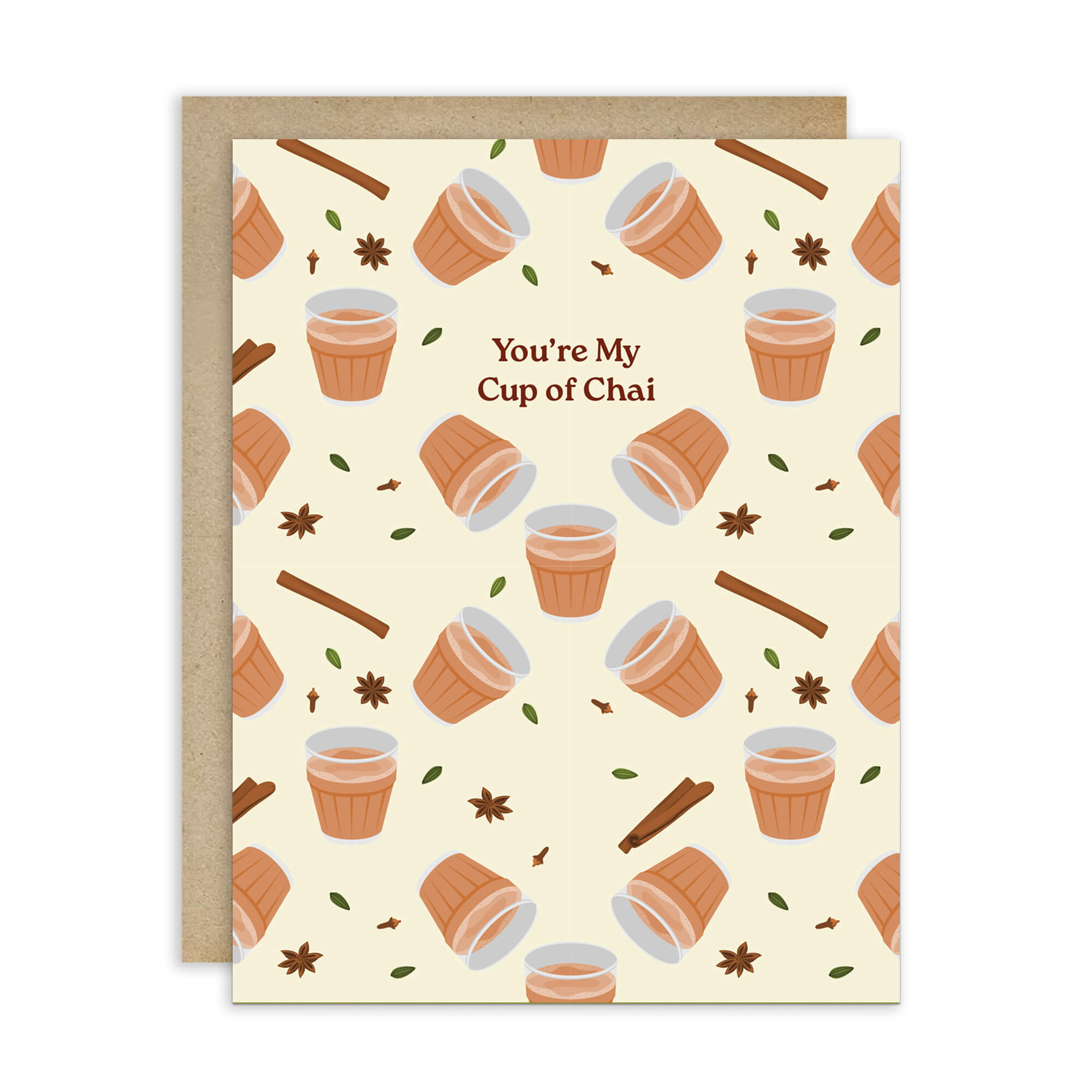 indian desi Greeting card with cup of chai pattern and text 'You're My Cup of Chai' on a beige background.