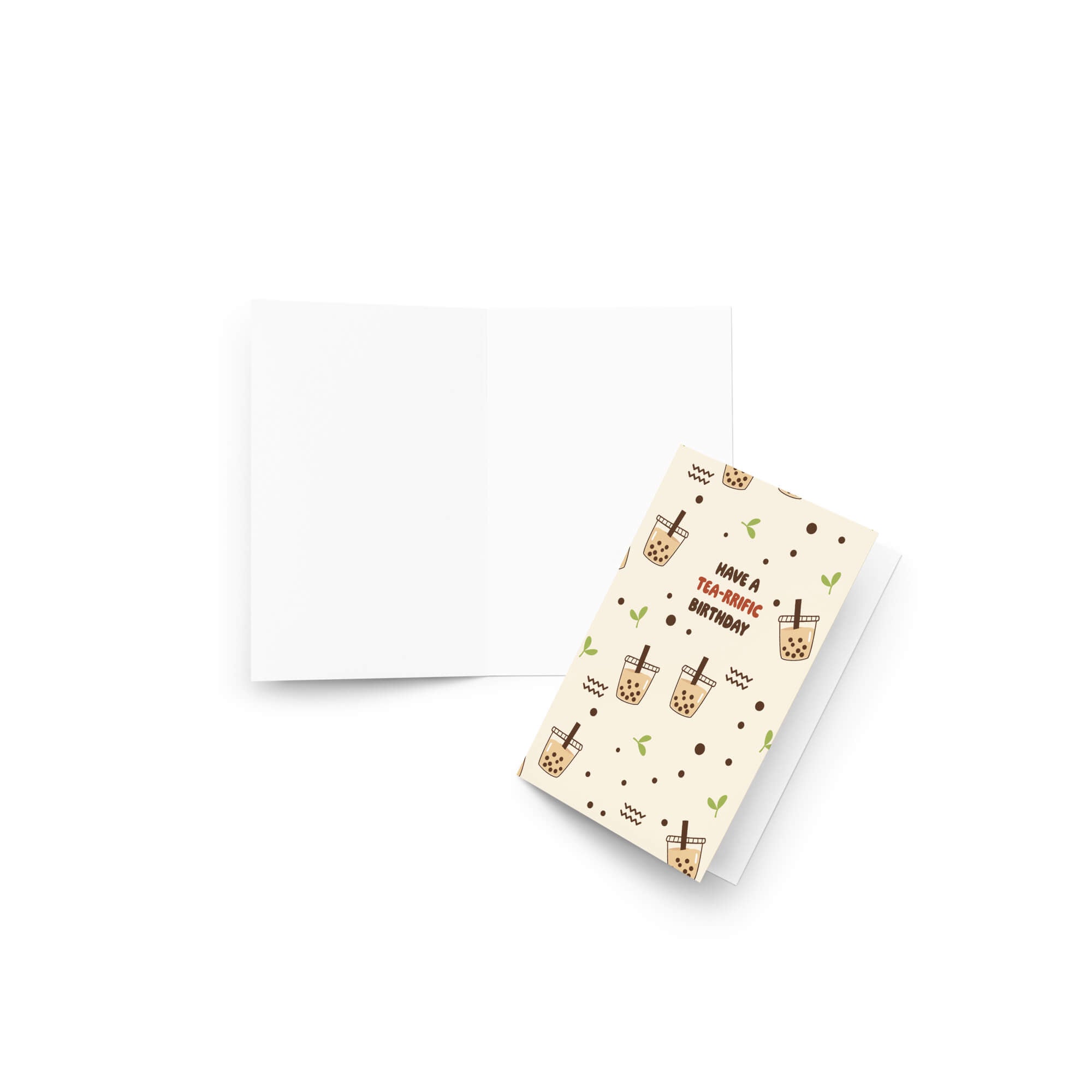 Greeting card with tea-themed design on a white background