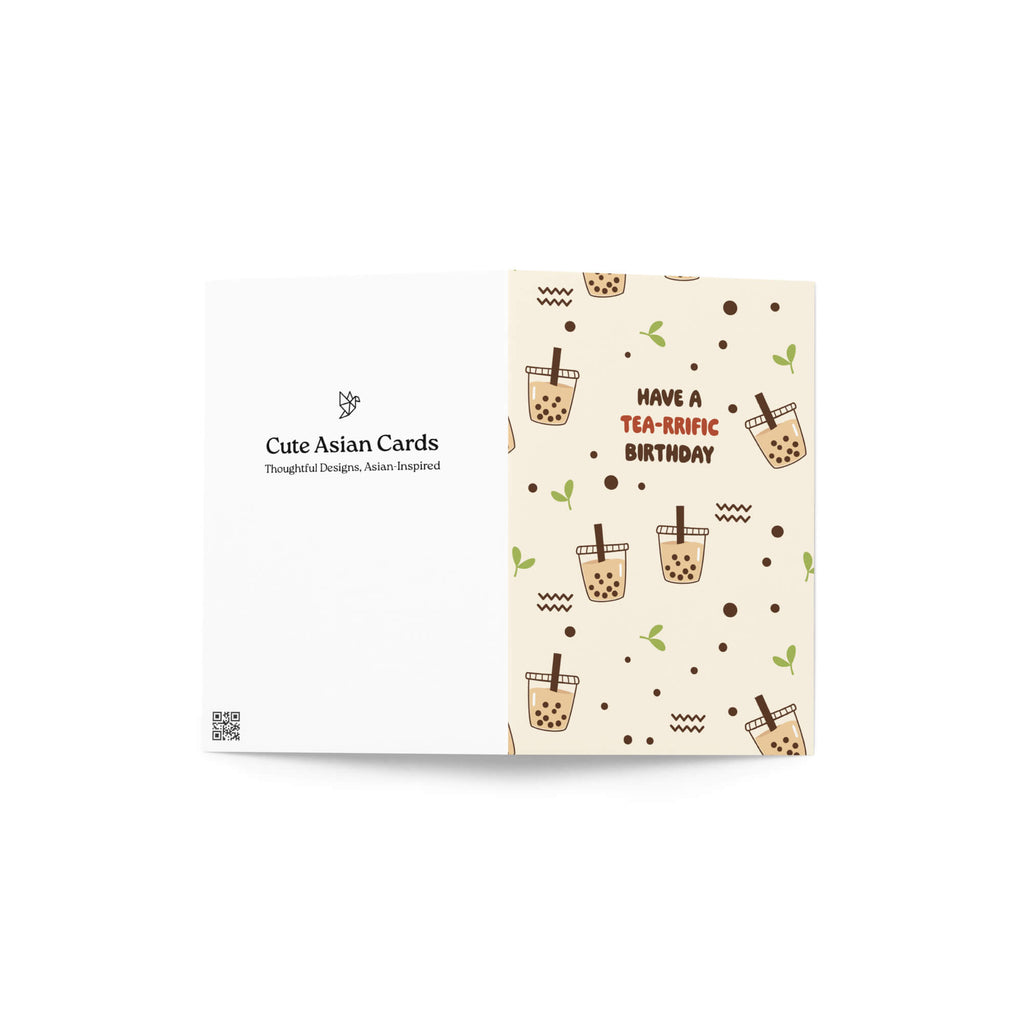 Card with bubble tea design and text 'Have a Tea-rific Birthday' on a white background