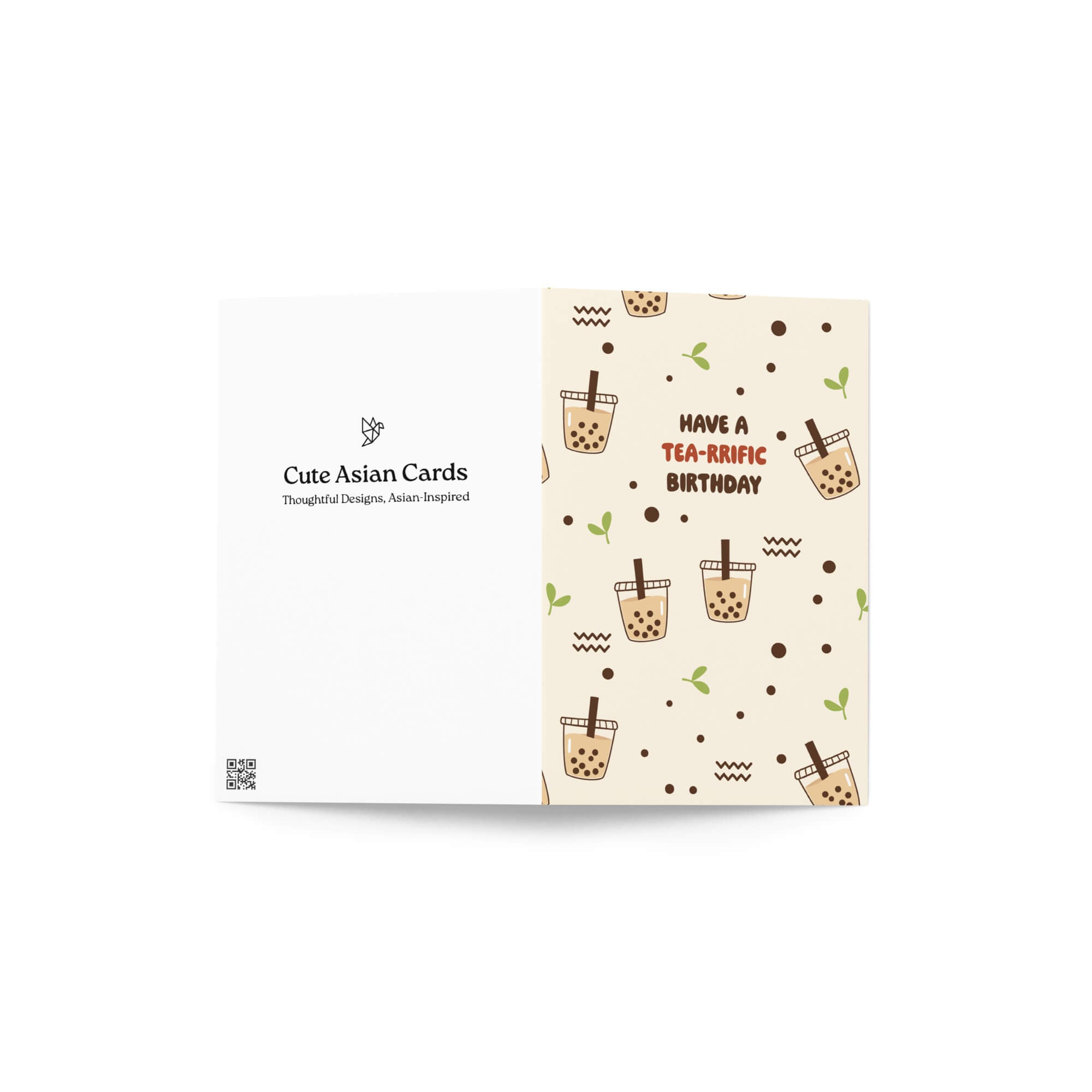 Card with bubble tea design and text 'Have a Tea-rific Birthday' on a white background
